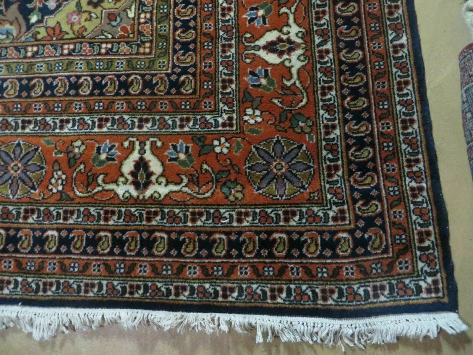 Indo Persian Rug 9x12, Semi Open Field Medallion, Ivory Tomato Red Navy Blue, Hand Knotted Indian Oriental Wool Carpet 9 x 12 ft, Room Sized by Jewel Rugs