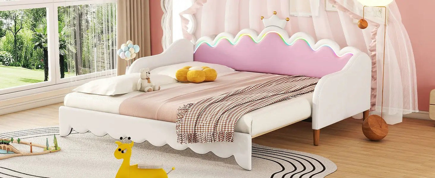 Extending Daybed With LED Lights, Modern Upholstered Princess Daybed With Crown Headboard by HouseOfZazla