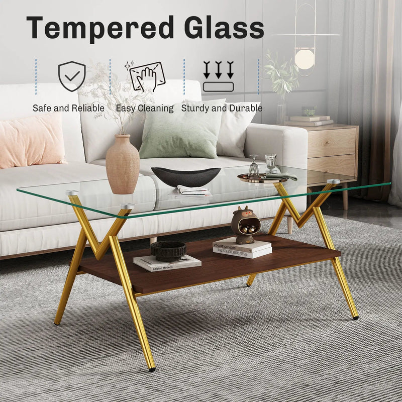 Rectangle Coffee Table With Tempered Glass Top And Shelf by Unique Piece Furniture