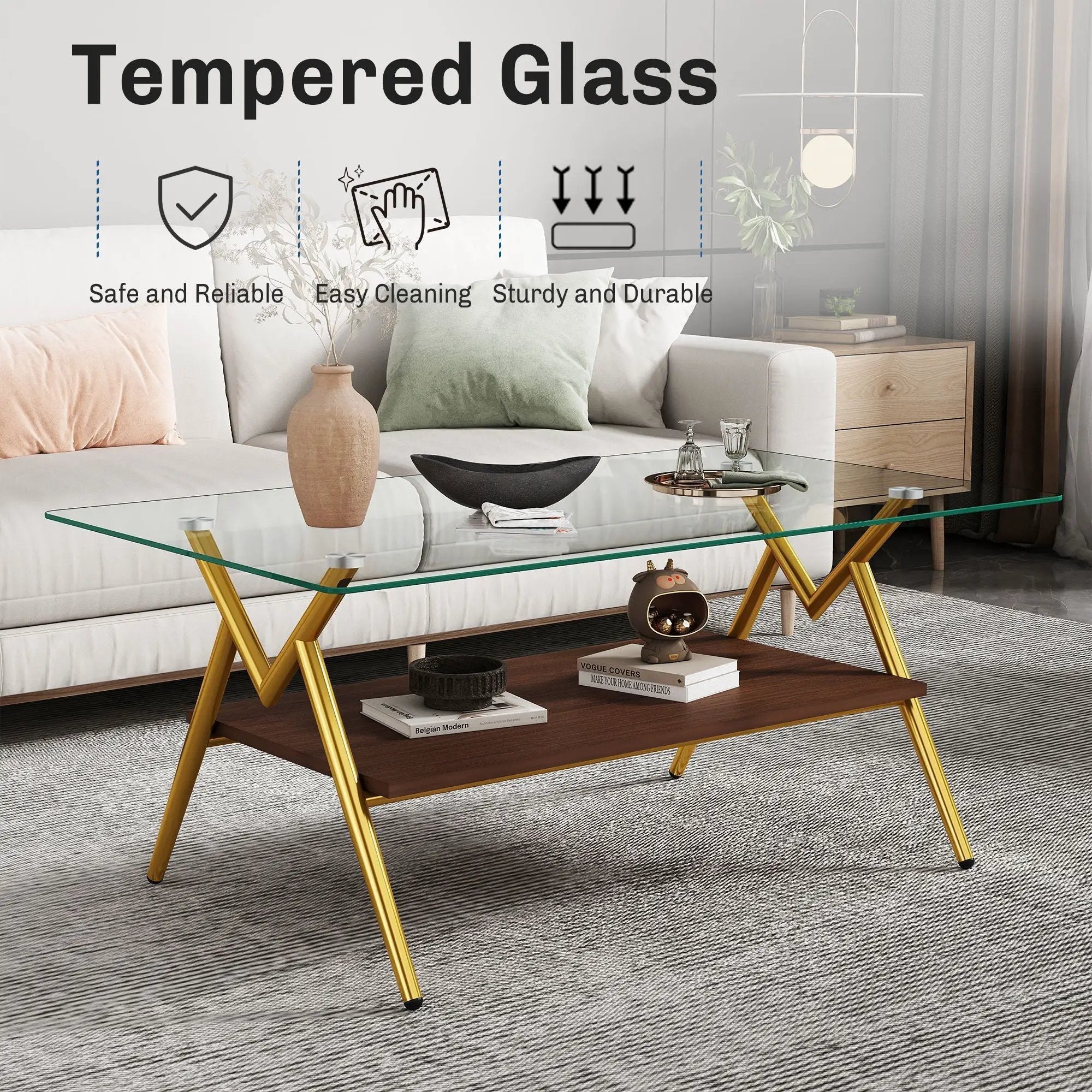 Rectangle Coffee Table With Tempered Glass Top And Shelf by HouseOfZazla