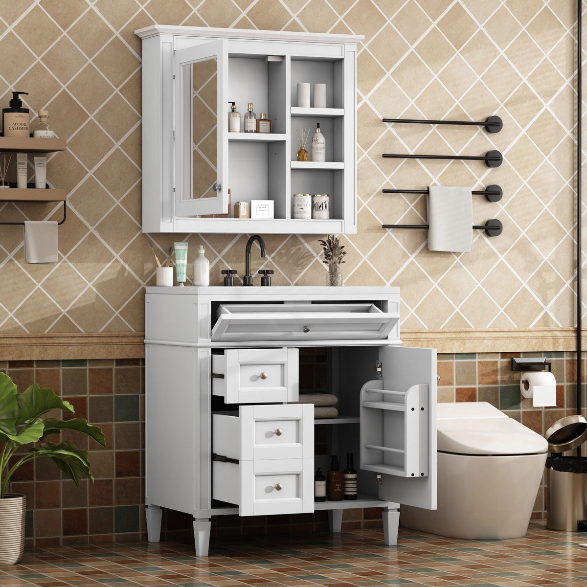 Bathroom Vanity With Medicine Cabinet, Royal Mirror Cabinet, Modern Bathroom Storage Cabinet With 2 Soft Closing Doors And 4 Drawers, photo 22 of 40