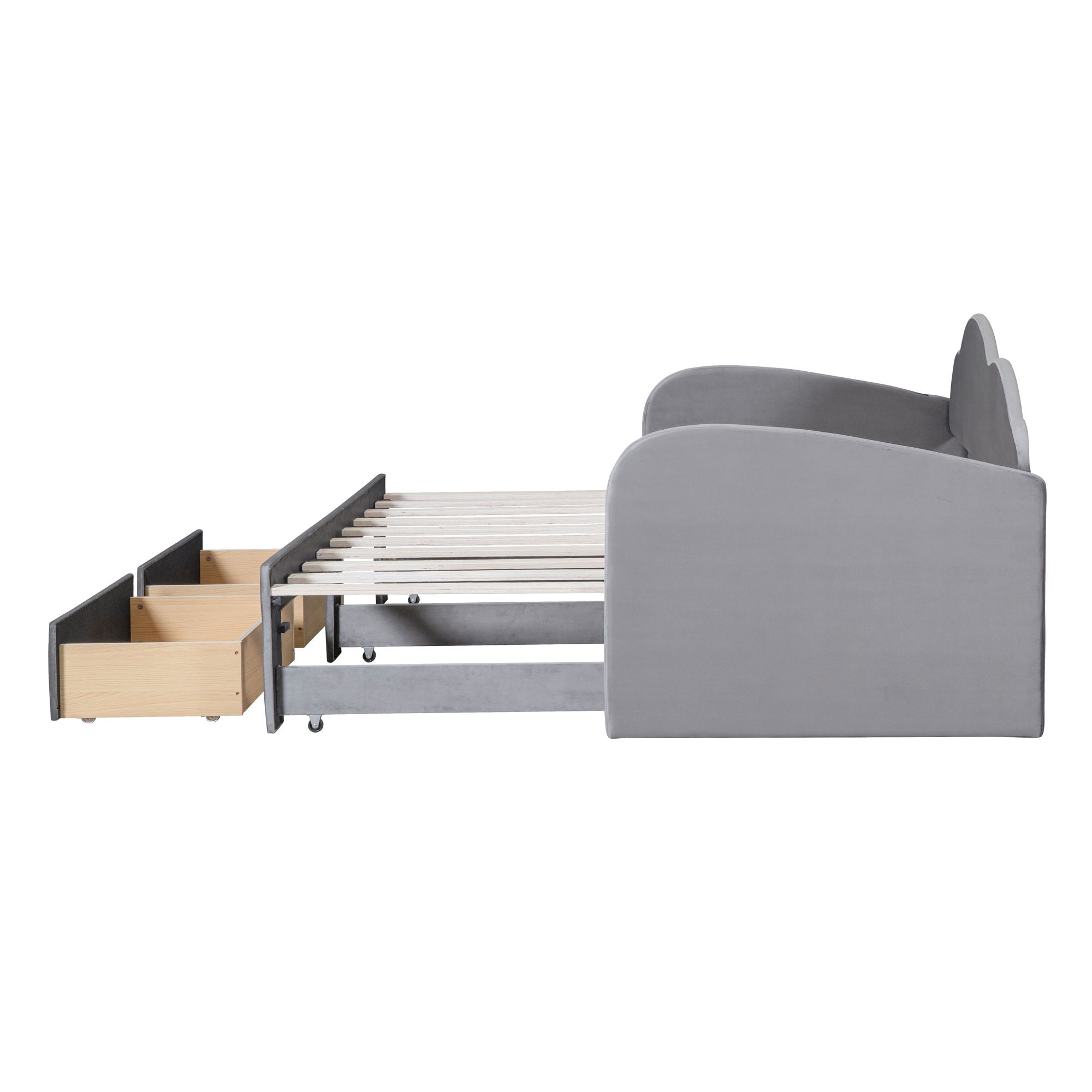 Upholstered Daybed With Cloud-Shaped Backrest, Trundle & 2 Drawers And USB Ports by HouseOfZazla