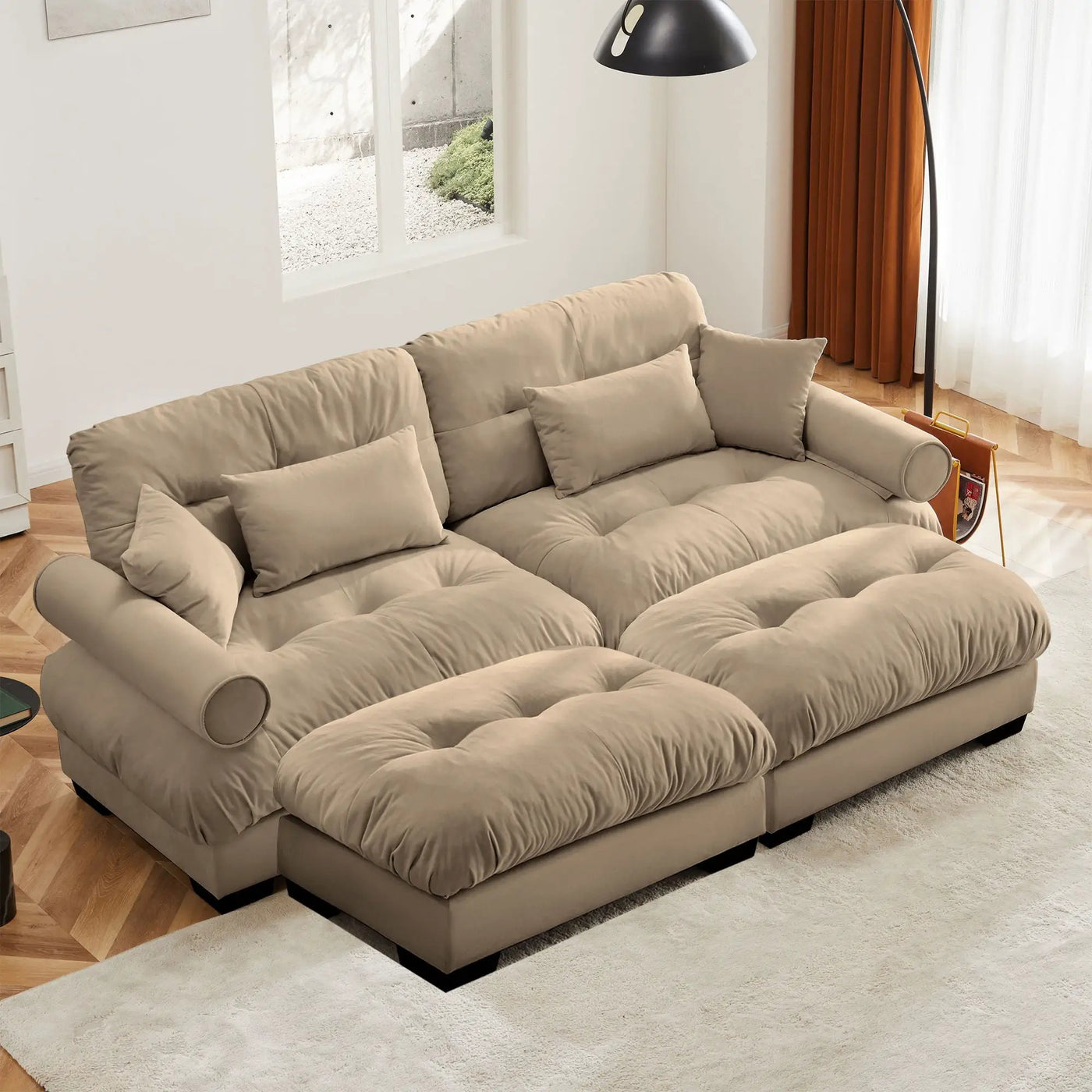 Modern Sectional Sofa With Ottoman, Round Bolster Armrests, Waist And Throw Pillows by HouseOfZazla