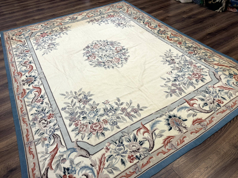 Ivory Needlepoint Rug 8x10, Wool Handmade Carpet by Jewel Rugs