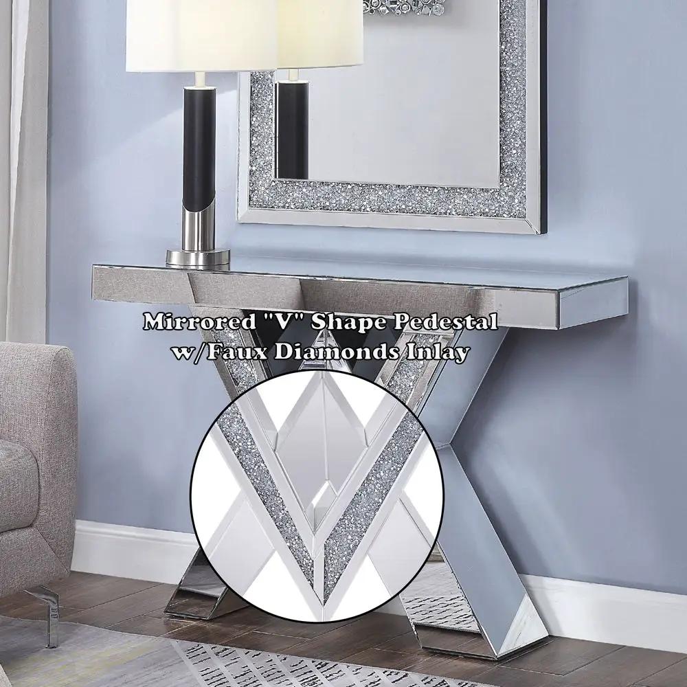 Noralie - Console Table, "V" Shape Pedestal - Mirrored & Faux Diamonds by Unique Piece Furniture