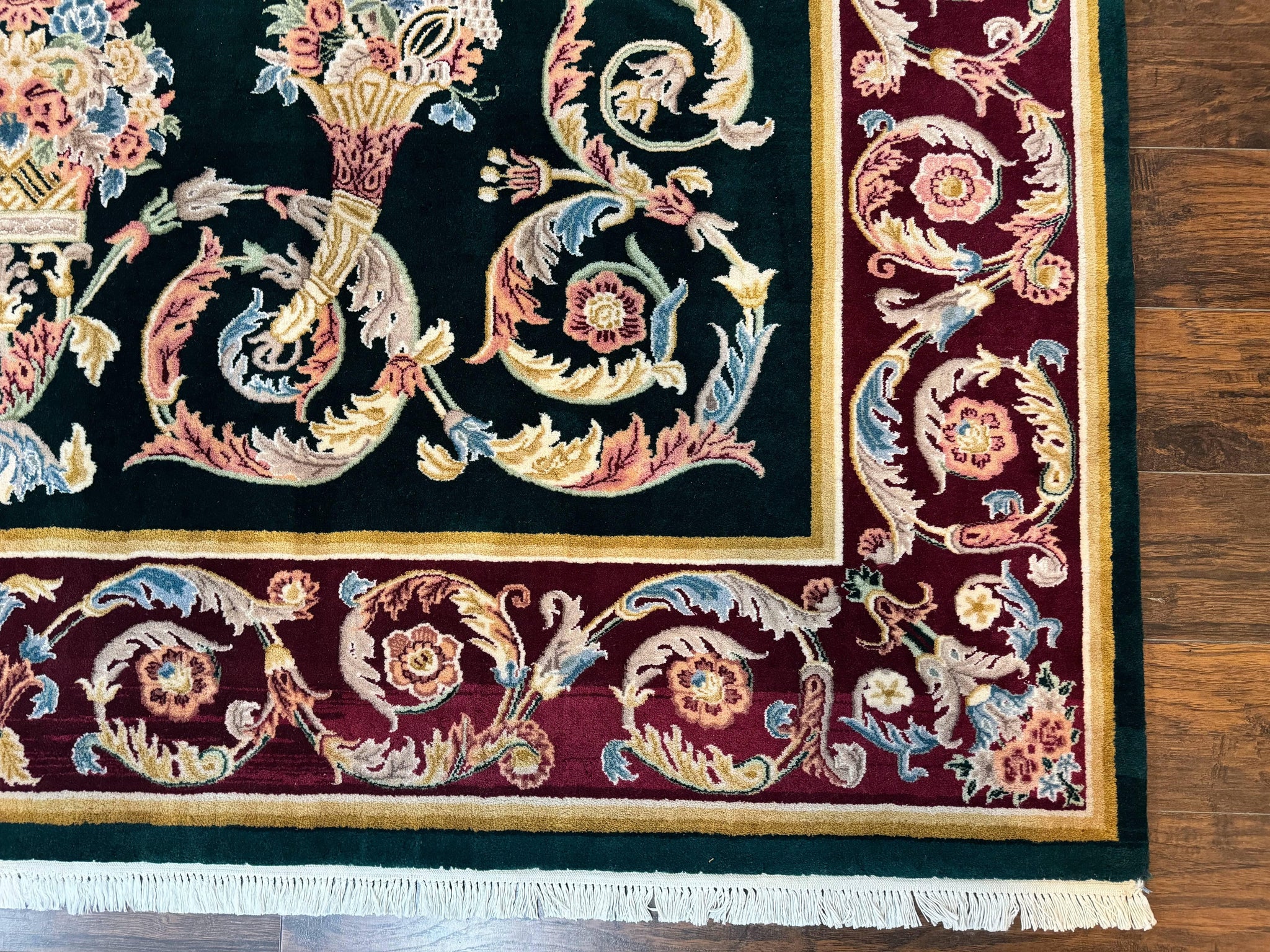 Aubusson Rug 9x12, Dark Green, European Design, Vintage Fine Handmade Carpet, Elegant by Jewel Rugs