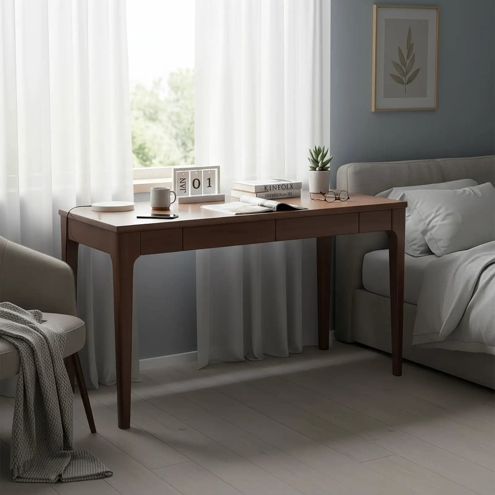 Desk With Drawers, Smooth Edge Design - Walnut by HouseOfZazla