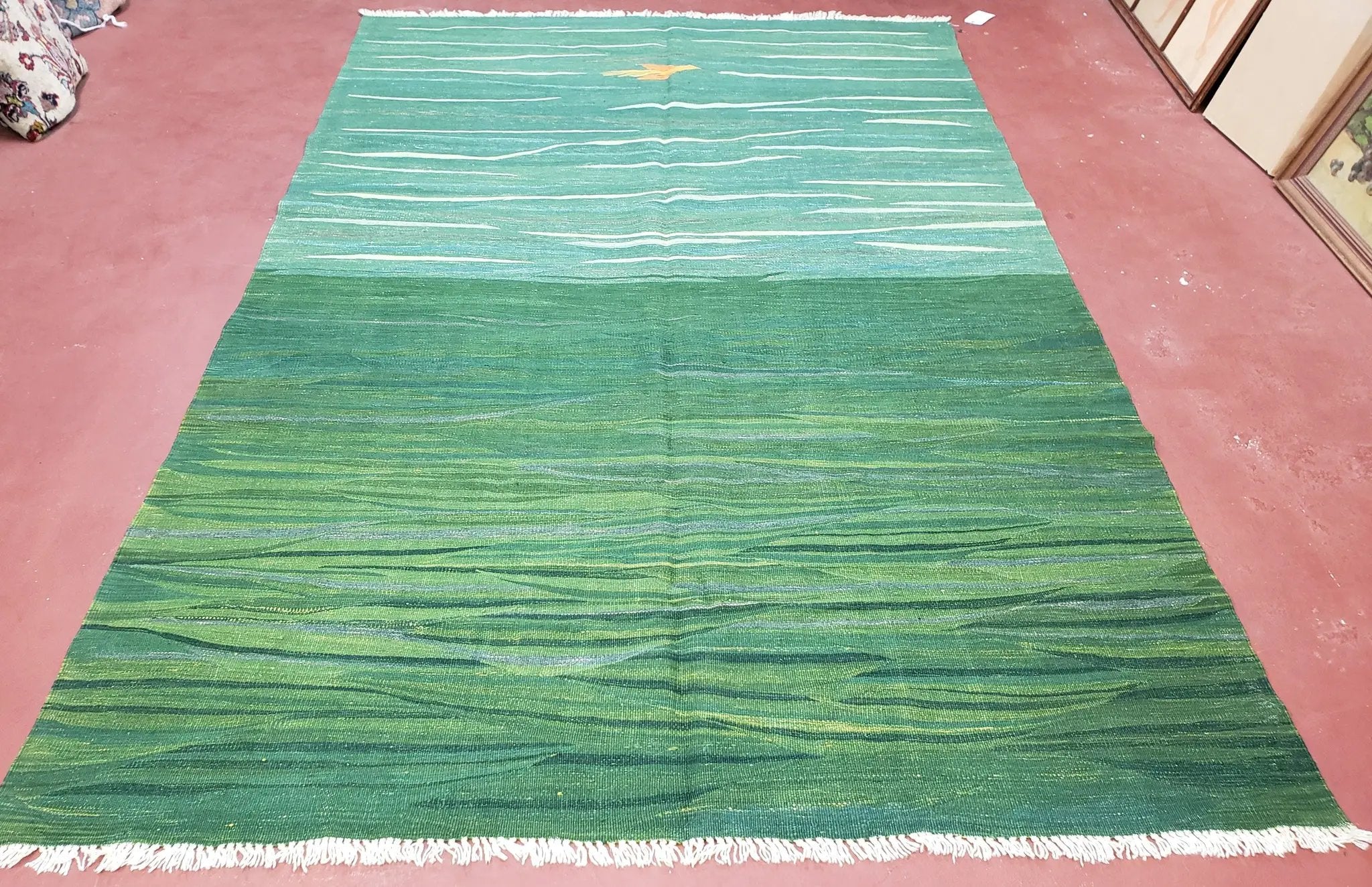 Green Turkish Kilim Rug, 6x9 - 7x10 Rugs, Bird, Handmade New Area Rug, Wool, Bohemian Boho Decor, Hand Woven, Modern Abstract Flat Weave Rug by Jewel Rugs