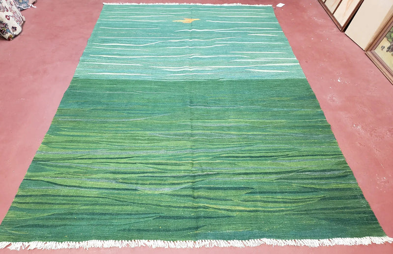 Green Turkish Kilim Rug, 6x9 - 7x10 Rugs, Bird, Handmade New Area Rug, Wool, Bohemian Boho Decor, Hand Woven, Modern Abstract Flat Weave Rug by Jewel Rugs