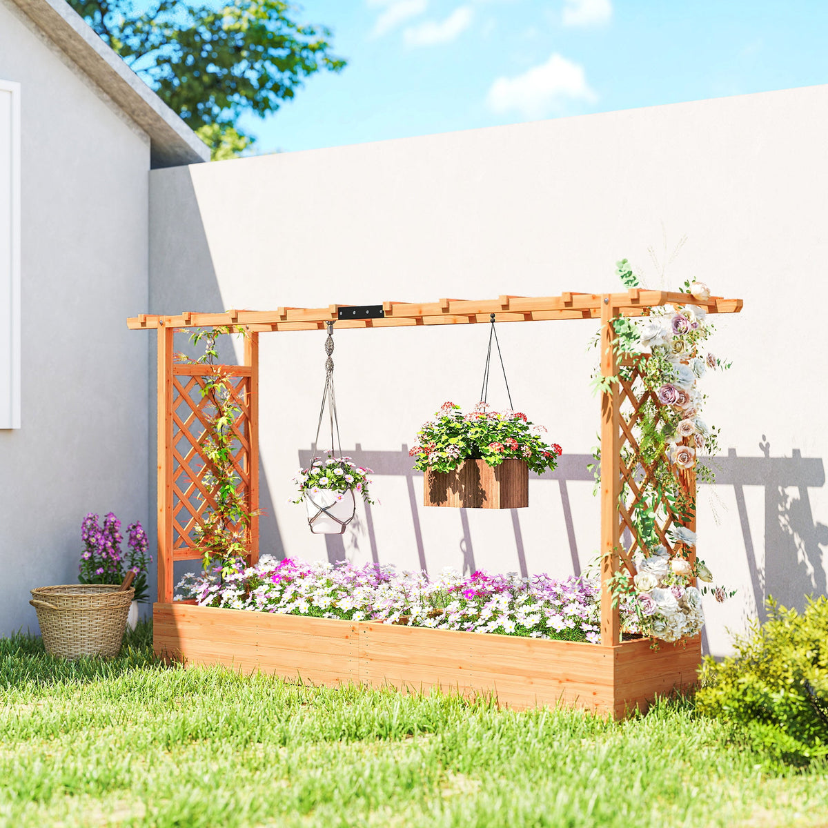 Wood Raised Garden Bed with Trellis - Large Outdoor Planter Box, photo 9 of 10