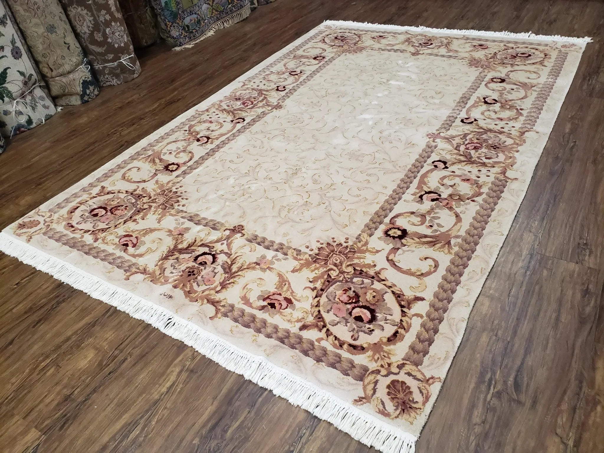 Vintage Ivory Chinese Aubusson Area Rug 6x9, Wool & Silk, Hand-Knotted 120 Line Fine Rug, European Design Carpet, 6 x 9 Master Signature Rug by Jewel Rugs