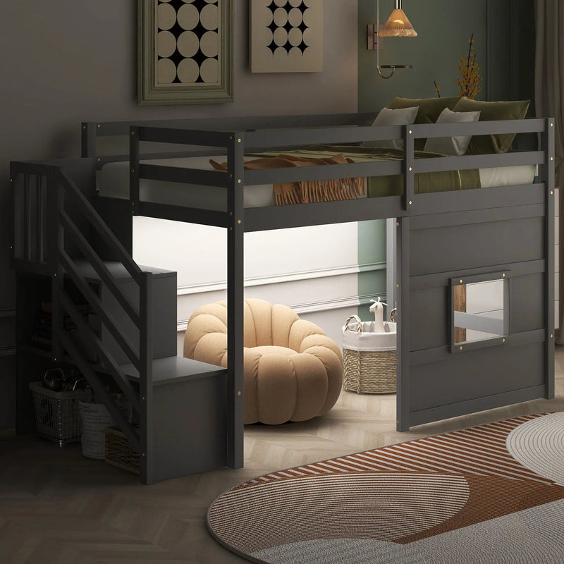 Loft Bed With Storage Staircase, Window & LED Light by Unique Piece Furniture
