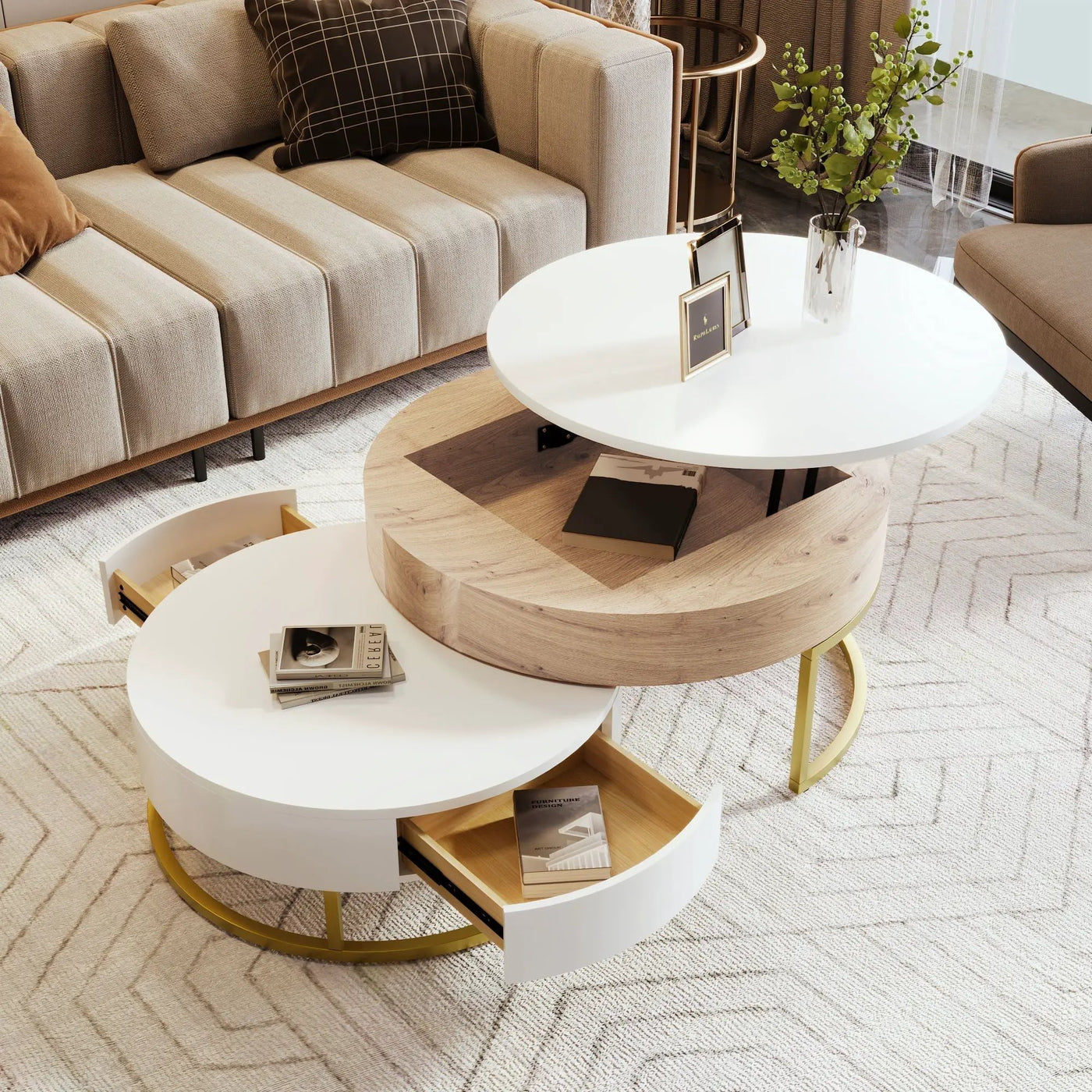 Modern Round Lift-Top Nesting Coffee Tables With 2 Drawers by HouseOfZazla