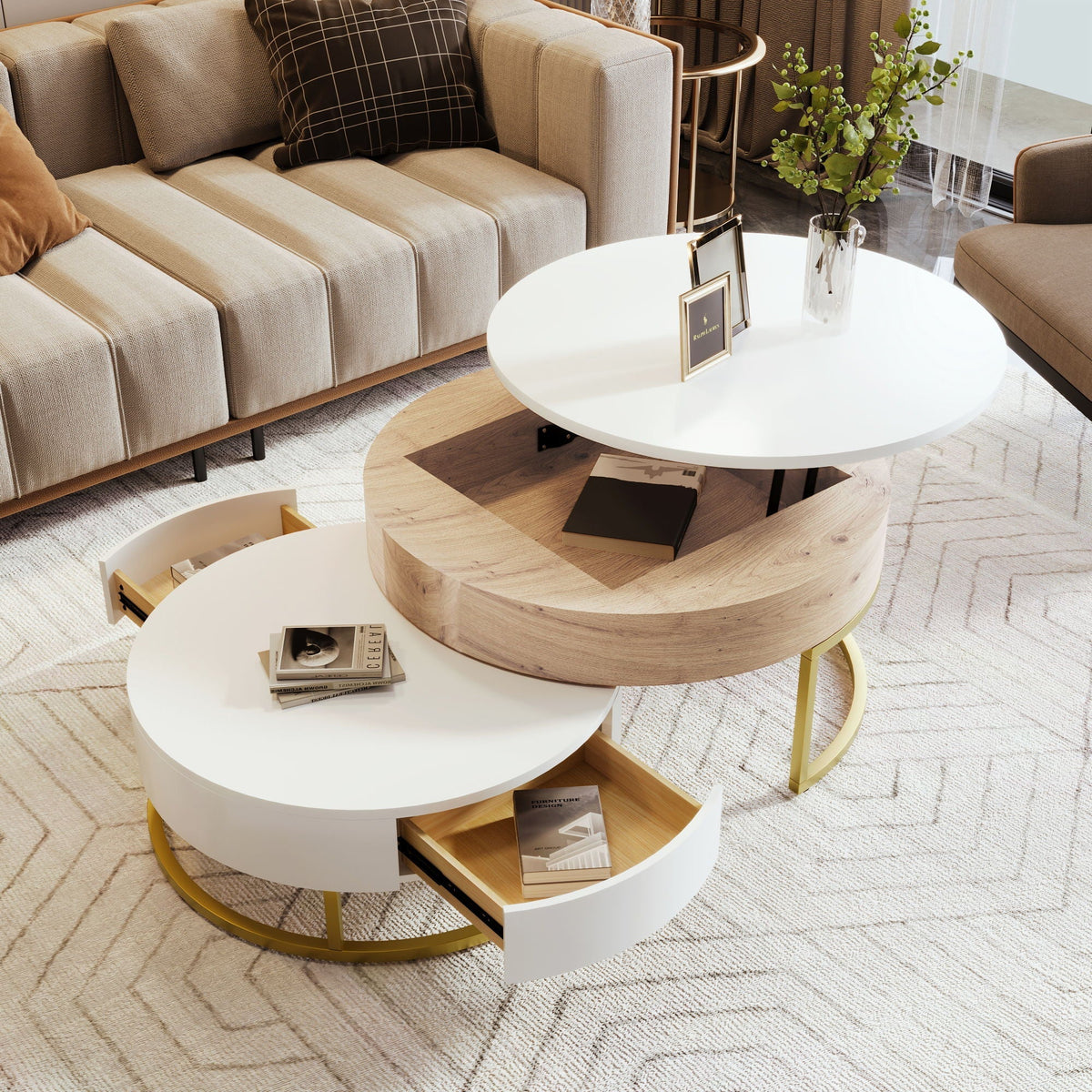 Modern Round Nesting Coffee Tables with Lift-Top and 2 Drawers - White or Black, photo 4 of 8