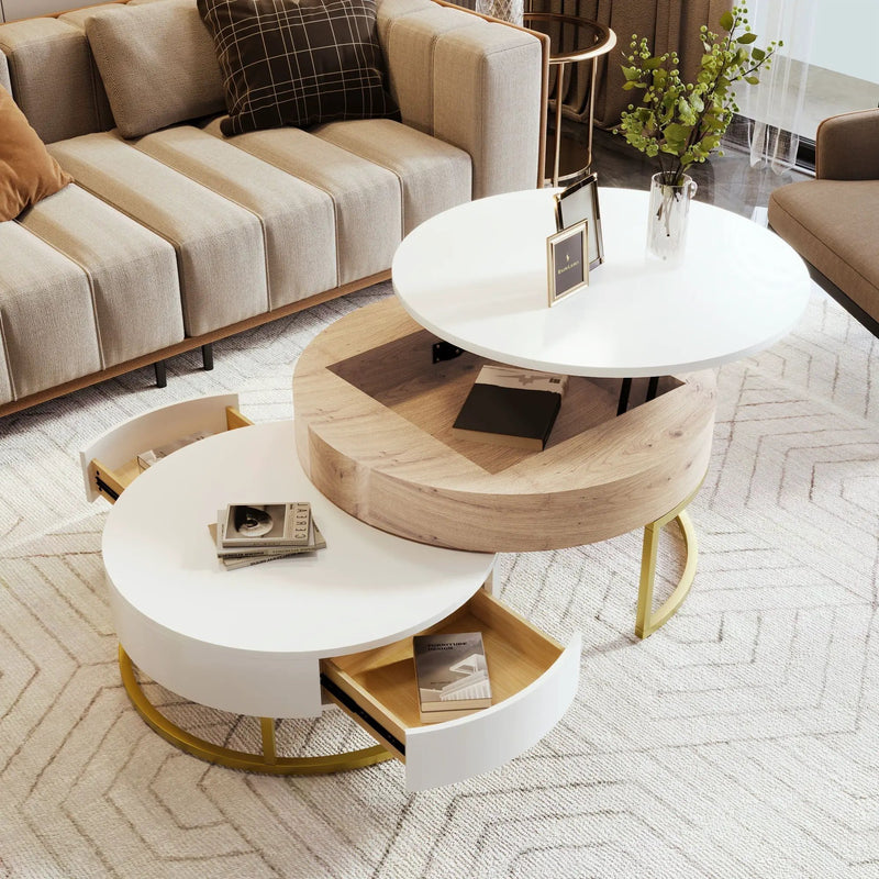 Modern Round Lift-Top Nesting Coffee Tables With 2 Drawers by HouseOfZazla
