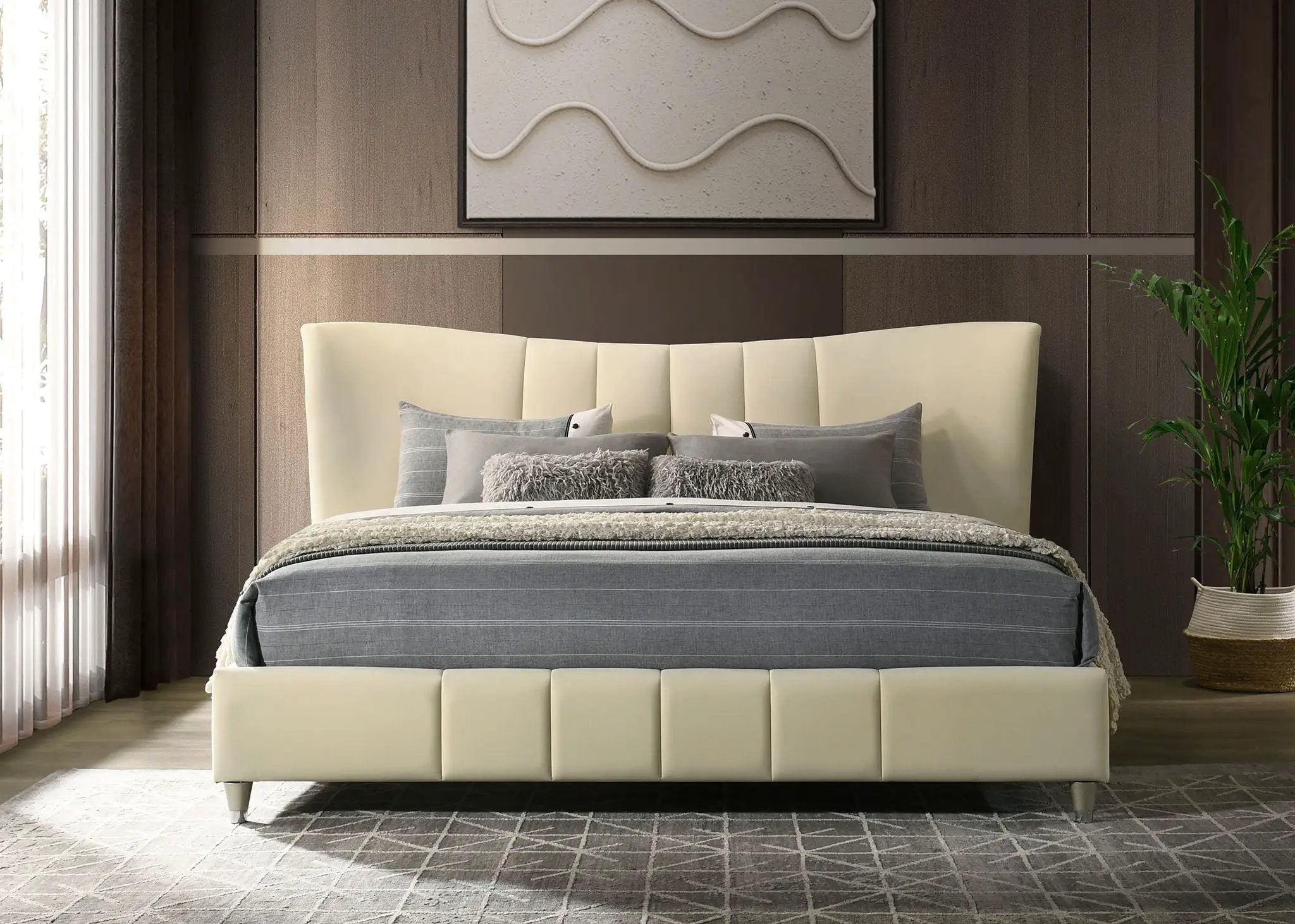 Evelyn Upholstered Eastern King Panel Platform Bed Ivory by Unique Piece Furniture