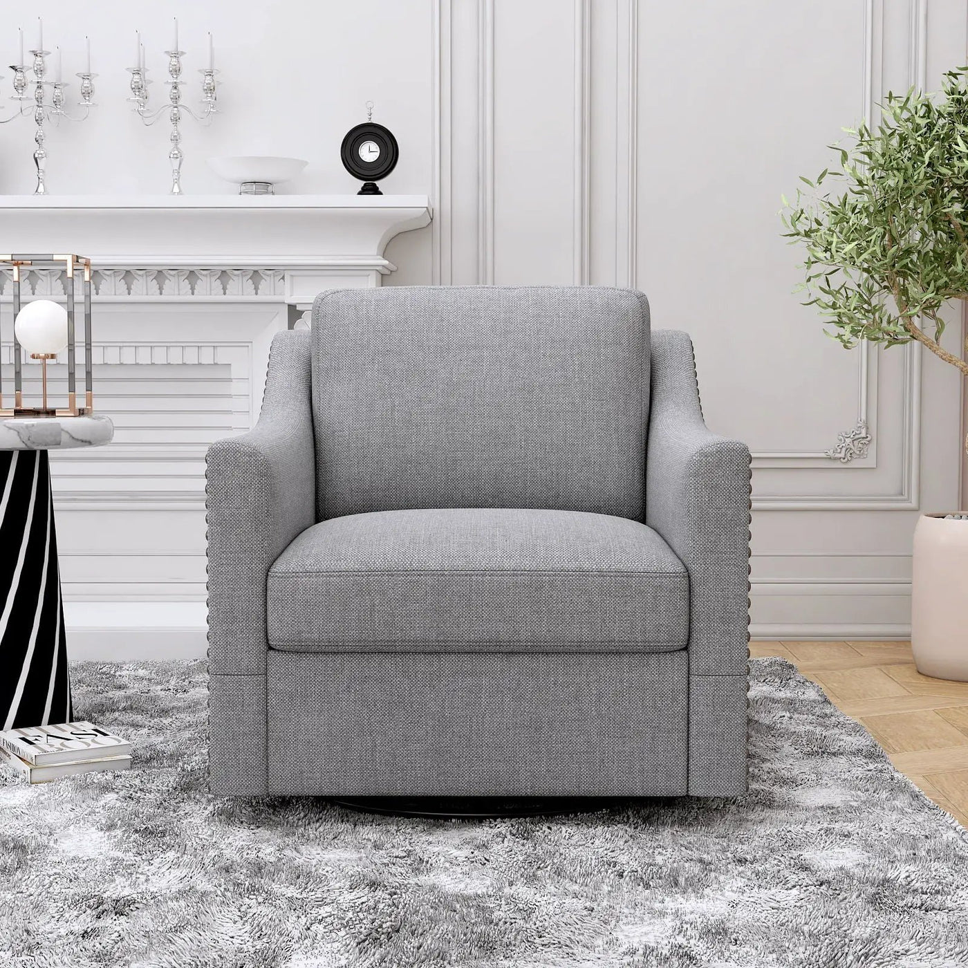 360 Degree Swivel Armchair, Skin Friendly Fabric, Ergonomic Design, Brass Nail Decorative Armchair by Unique Piece Furniture