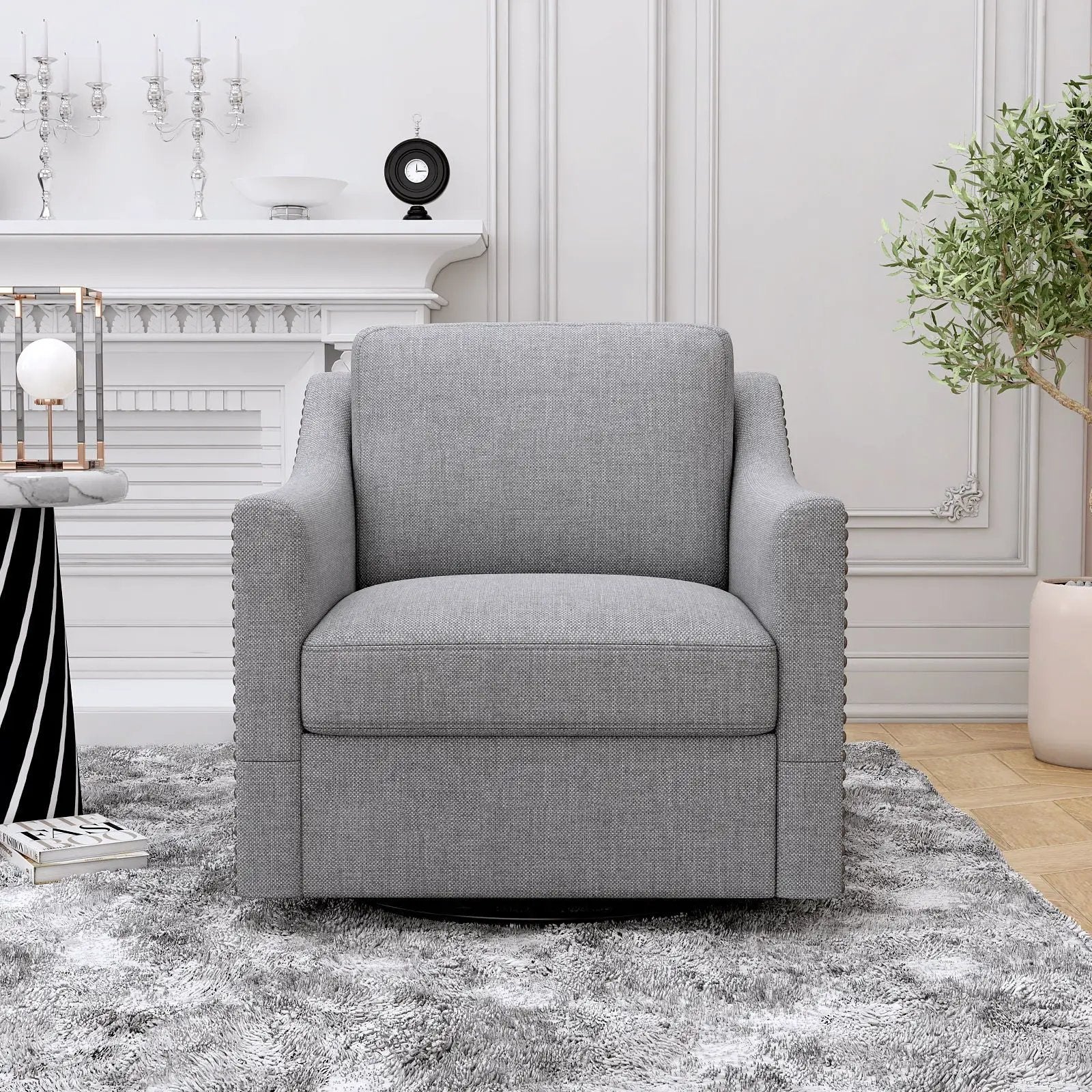 360 Degree Swivel Armchair, Skin Friendly Fabric, Ergonomic Design, Brass Nail Decorative Armchair by HouseOfZazla