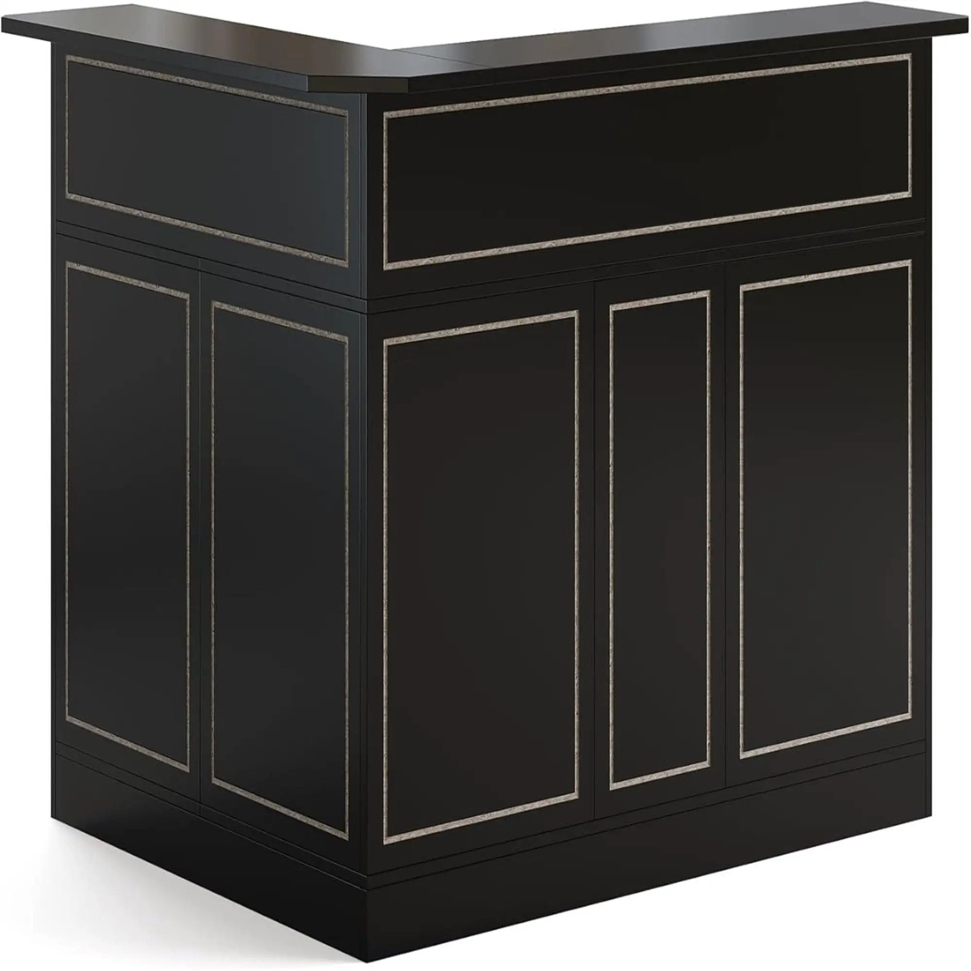 L-Shaped Home Bar Cabinet With Stemware Racks, 4 Tier Corner Unit, Liquor Wine Bar Table & Reception Desk For Home Pub - Black by HouseOfZazla