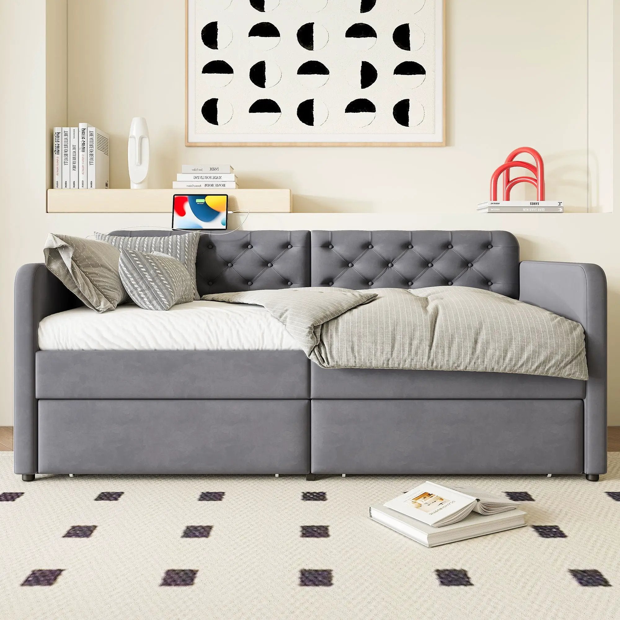 Twin Size Upholstered Daybed With 2 Storage Drawers And USB Charging Design - Gray by HouseOfZazla