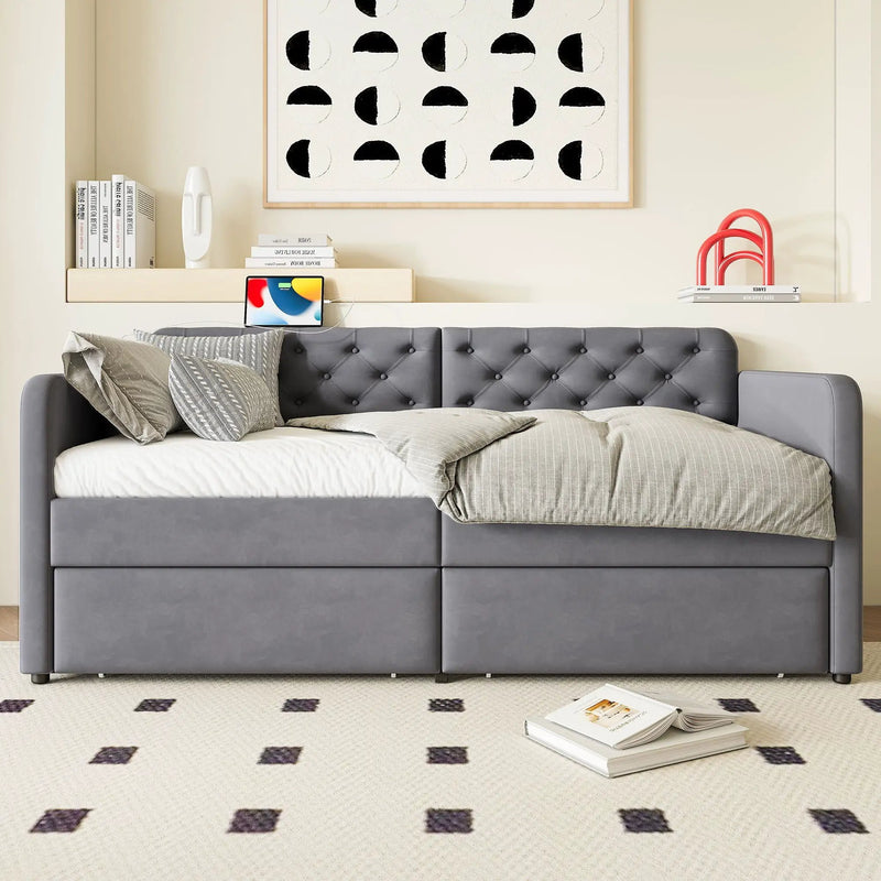 Twin Size Upholstered Daybed With 2 Storage Drawers And USB Charging Design - Gray by HouseOfZazla
