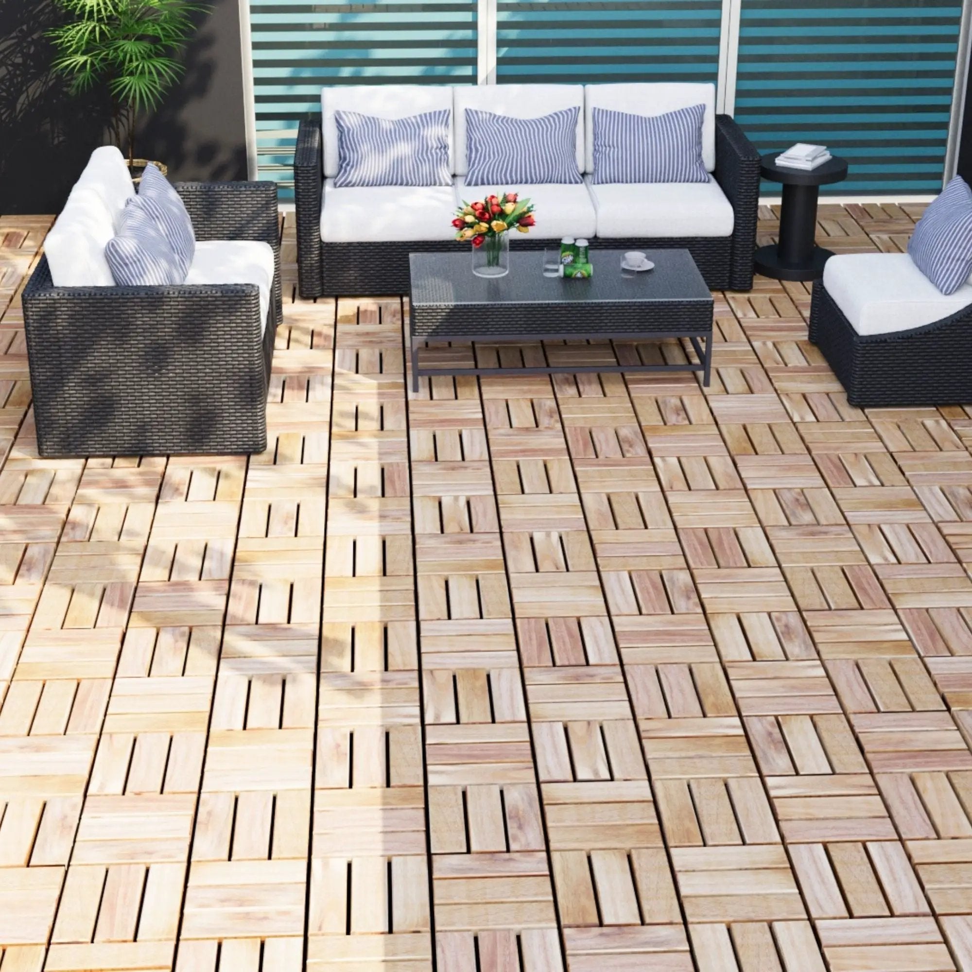 Interlocking Deck Tiles Checker Pattern, Square Acacia Hardwood Outdoor Flooring For Patio, Bancony, Pool Side by HouseOfZazla