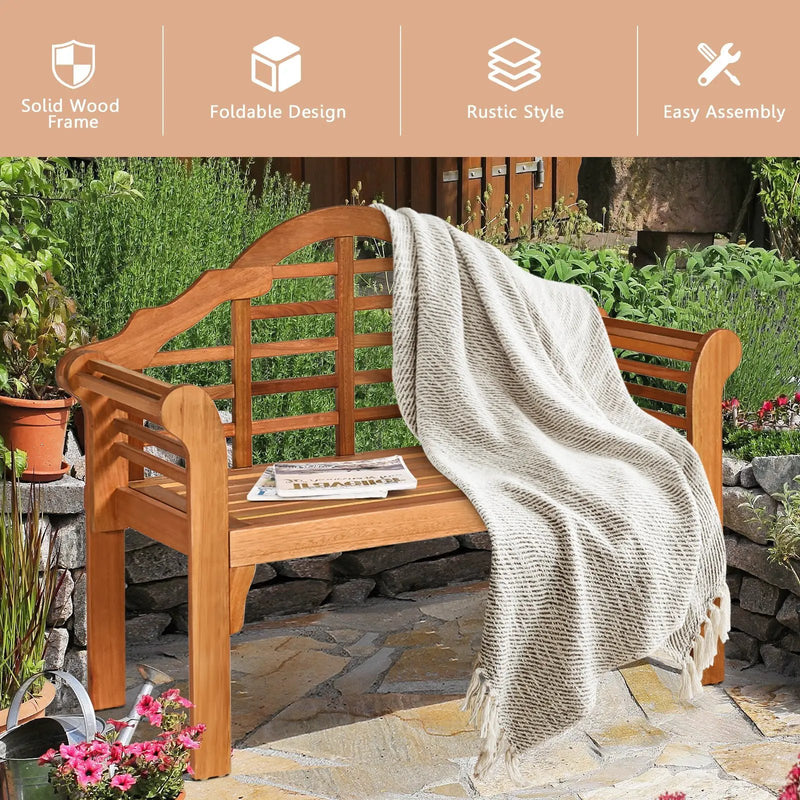 49 Inch Eucalyptus Wood Outdoor Folding Bench with Backrest Armrest for Patio Garden by DirectDeals