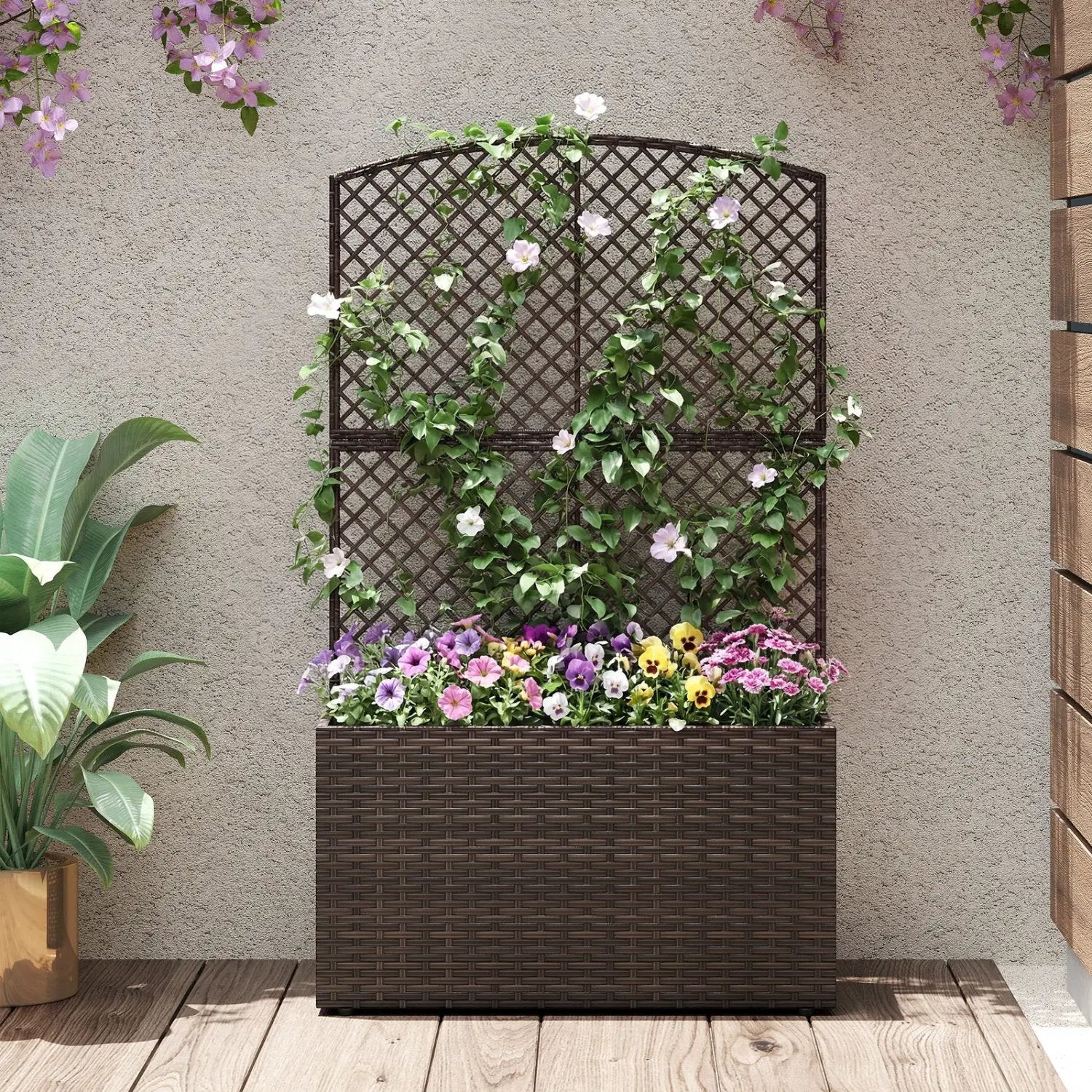 49 Inch Raised Garden Bed with Trellis and Wicker Planter Box by DirectDeals