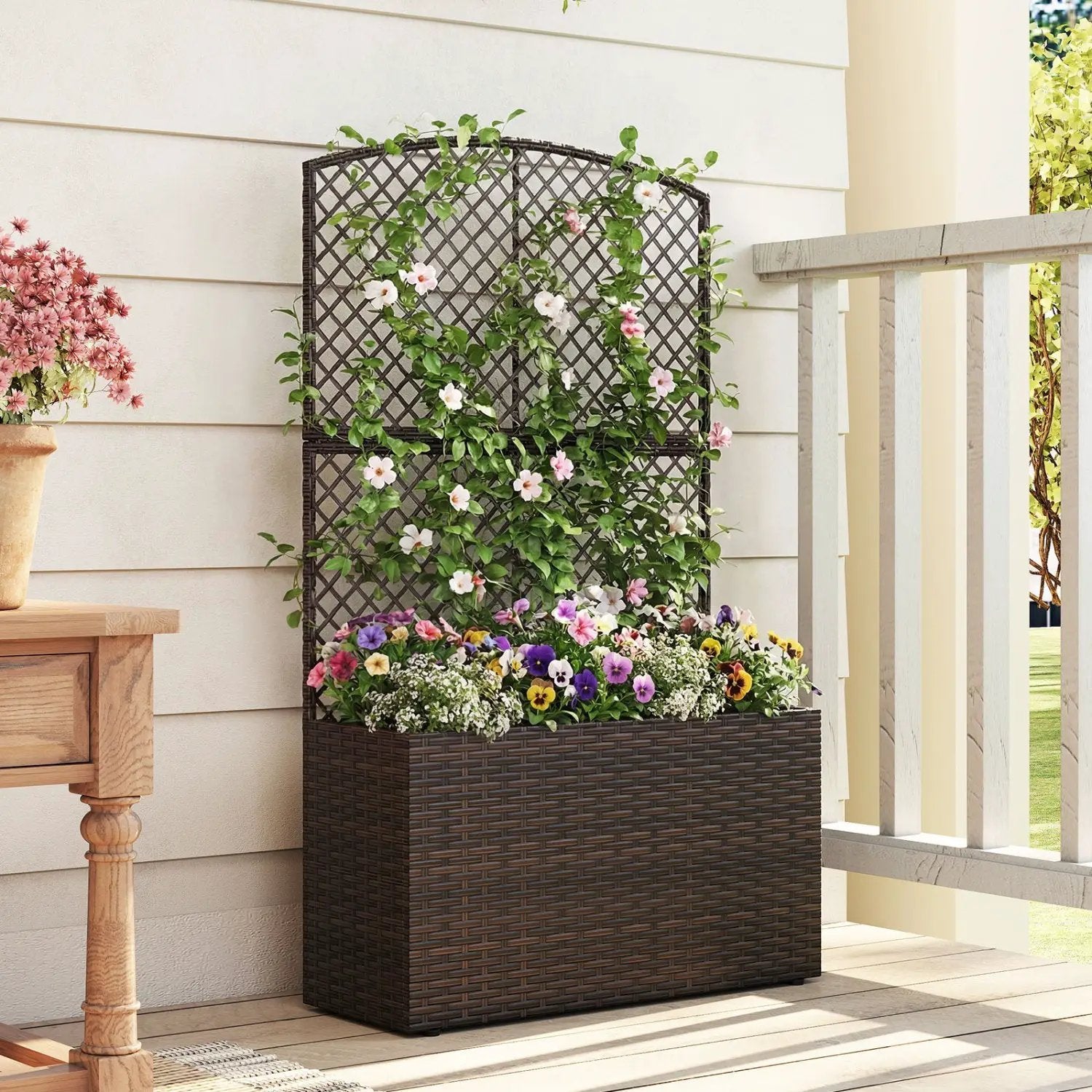 49 Inch Raised Garden Bed with Trellis and Wicker Planter Box by DirectDeals