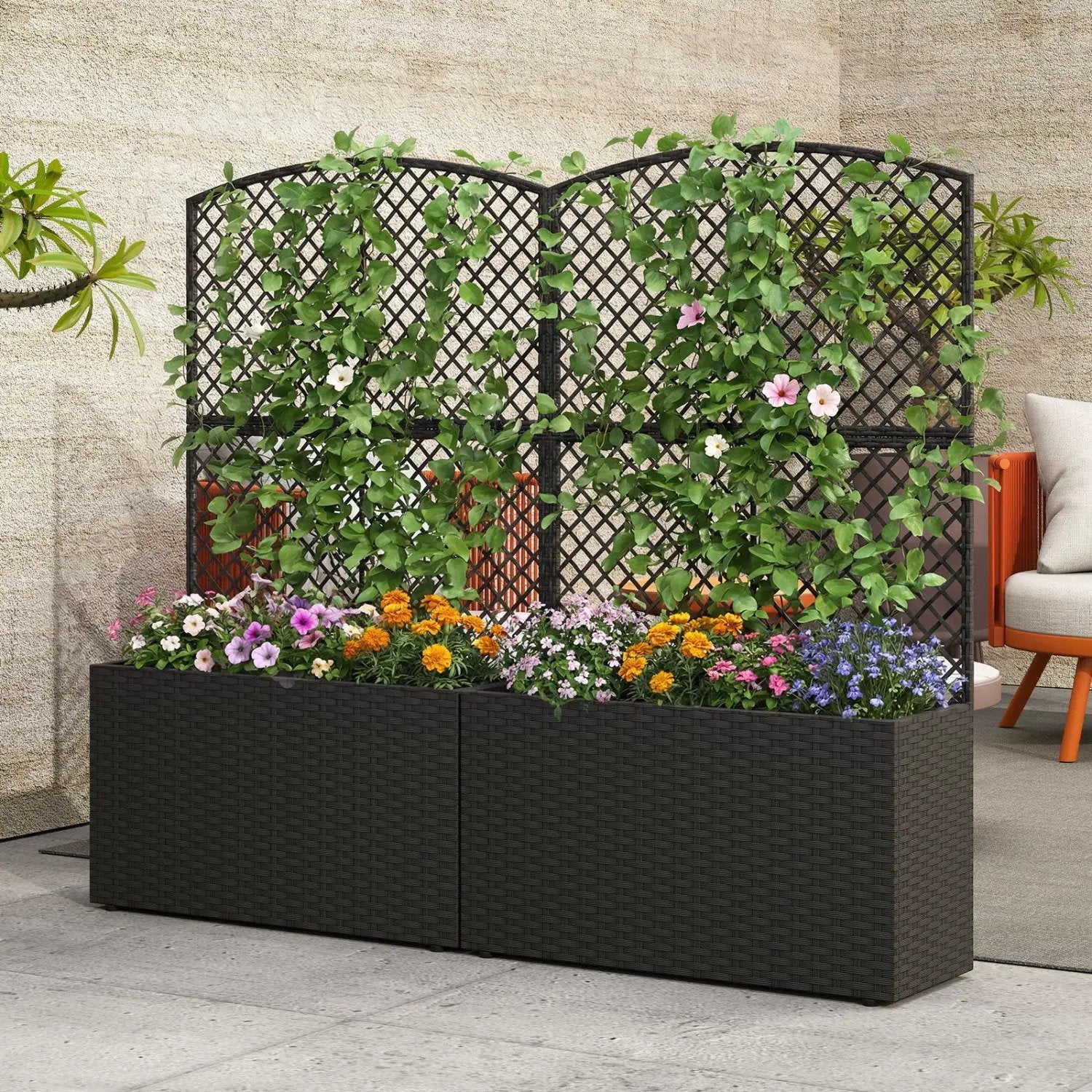 49 Inch Raised Garden Bed with Trellis and Wicker Planter Box by DirectDeals