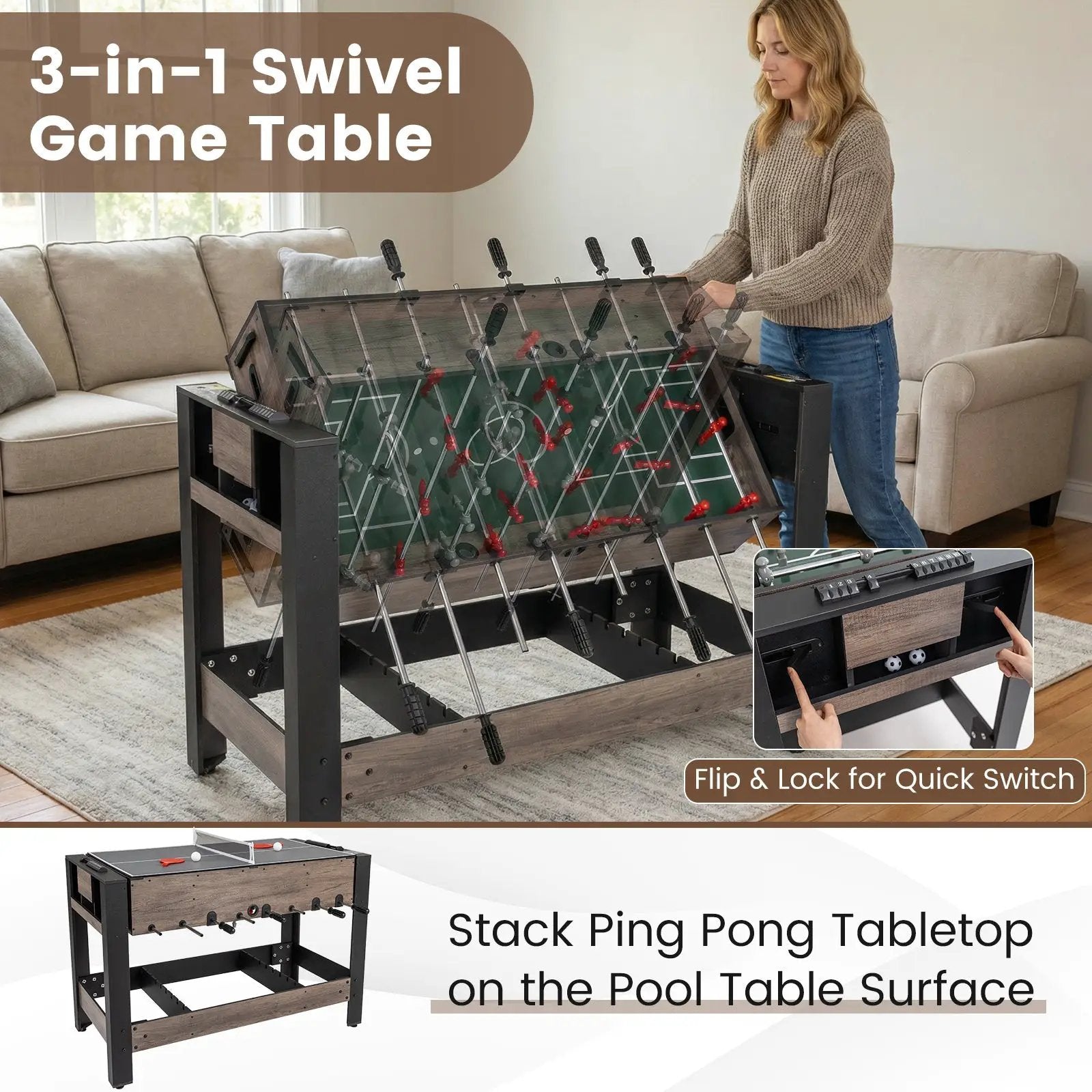 49 inch Combo Game Table with Pool Billiards-Brown by DirectDeals