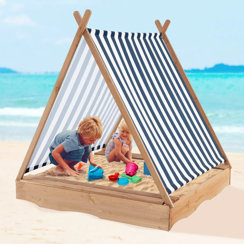 49 x 48 Inch Kids Wooden Sandbox with Cover and 2 Bench Seats by DirectDeals