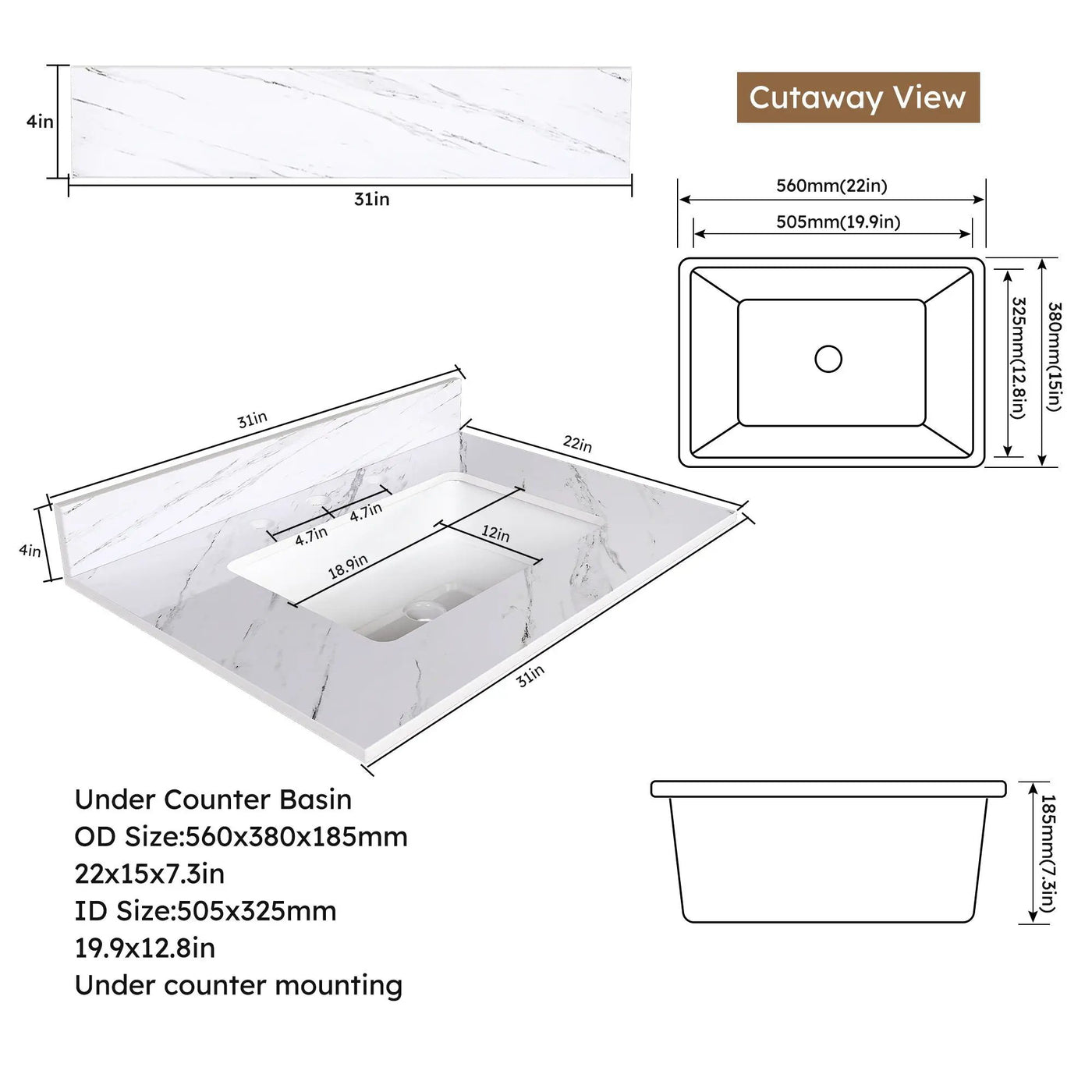 Bianco Carrara Venato Elegant Marble Vanity Top, Bathroom Vanity With Undermount Sink, Sintered Stone by HouseOfZazla