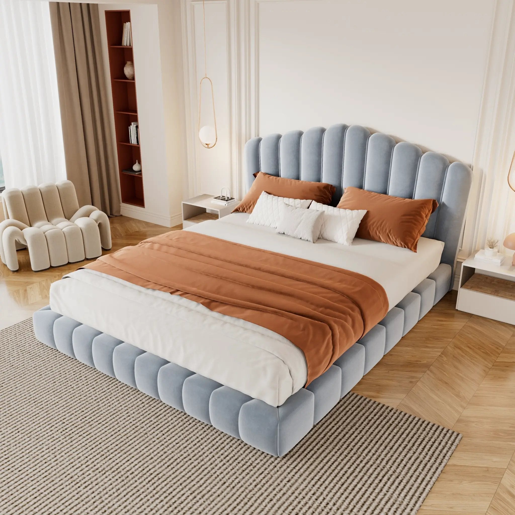 Velvet Upholstered Queen Bed with Shell-Shaped Headboard by HouseOfZazla
