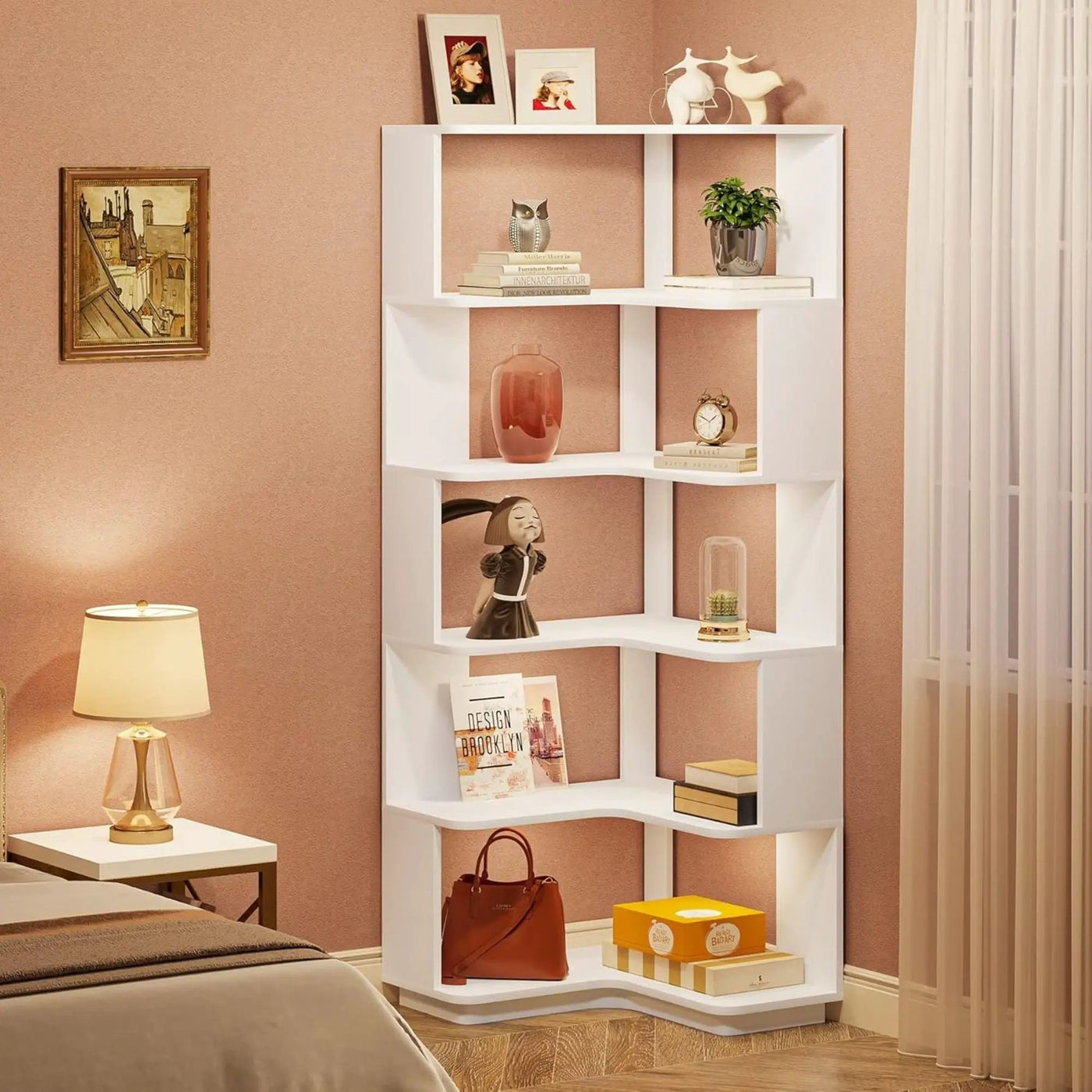 6 Tier Corner Bookshelf, L-Shaped Freestanding Shelf With Anti Drop Panels by HouseOfZazla