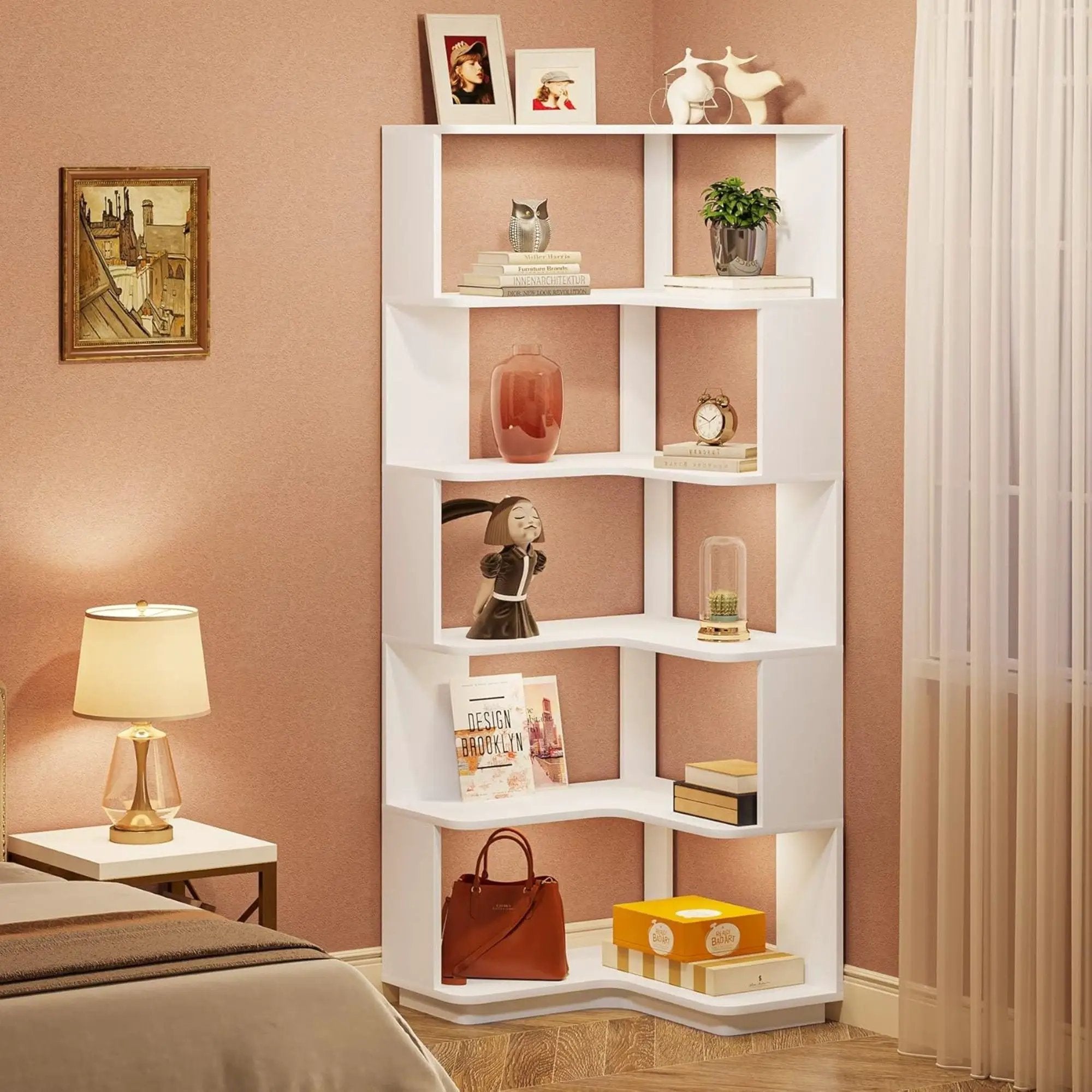 6 Tier Corner Bookshelf, L-Shaped Freestanding Shelf With Anti Drop Panels by HouseOfZazla