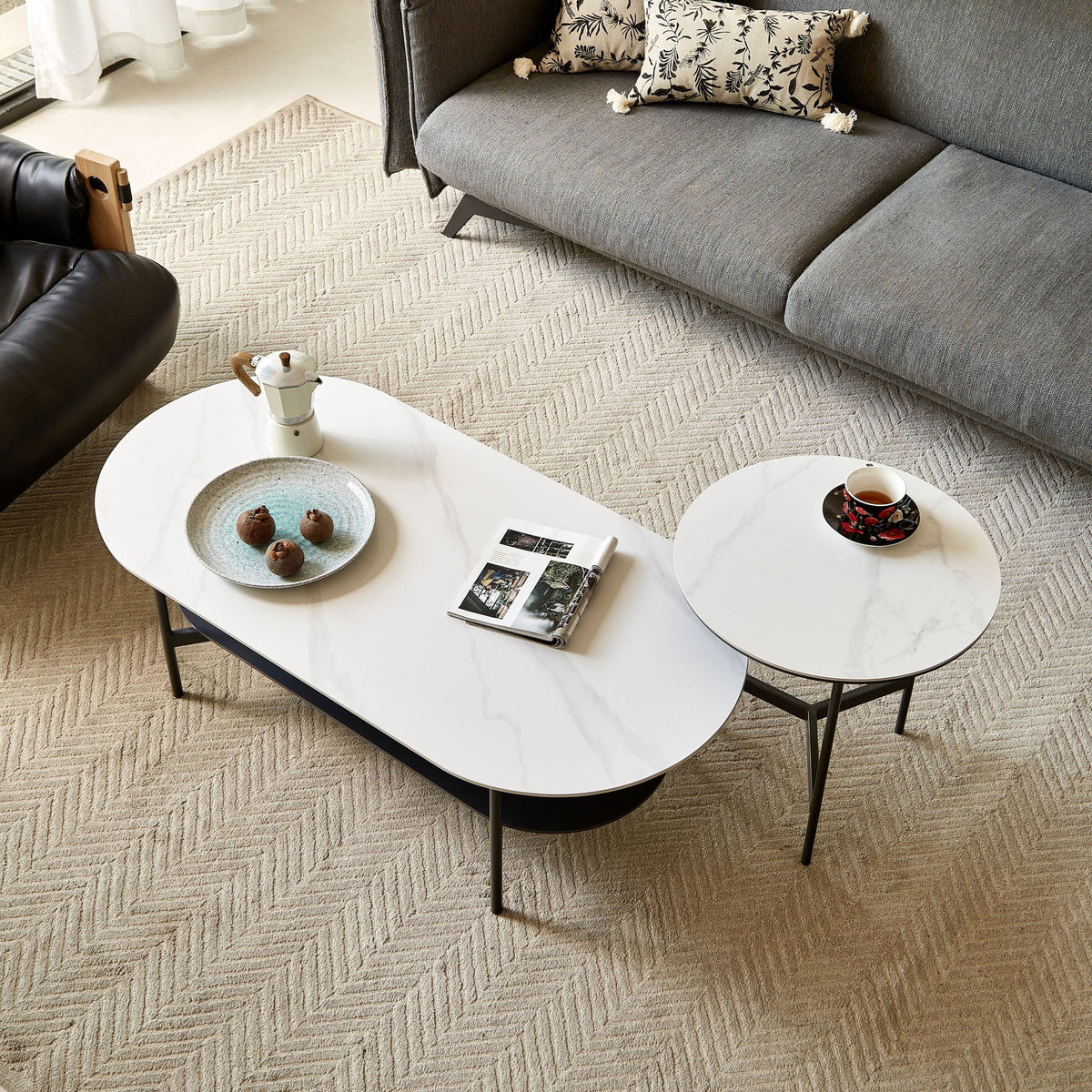 Contemporary Coffee Table with Sintered Stone Surface and Double Layer - White / Gray, photo 7 of 18