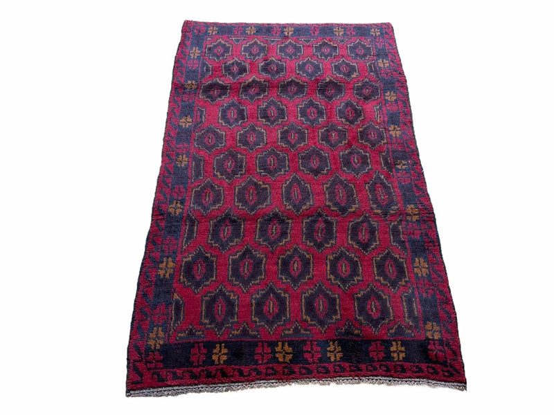 2' 10" X 4'7" Vintage Handmade Tribal Wool Rug Balouchi Rug Afghan Rug Red Blue by Jewel Rugs