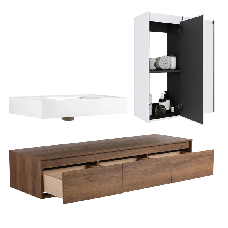 Wall Mounted Bathroom Vanity With Resin Sink And 2 Side Cabinet, 3 Soft Close Drawer - Brown Ebony by HouseOfZazla