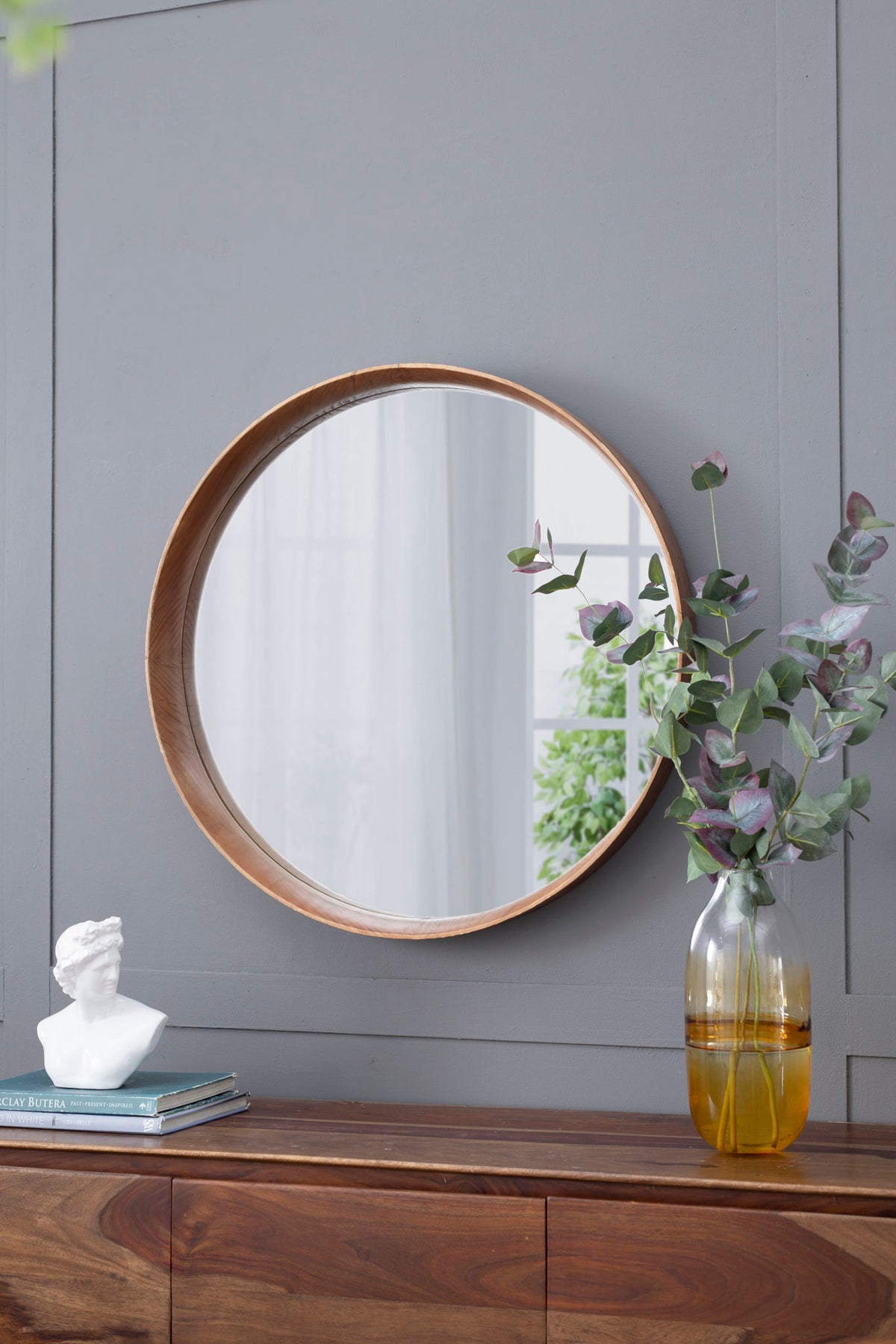 Round Wood Wall Mirror with Durable Fir Frame - Light Brown, photo 6 of 13