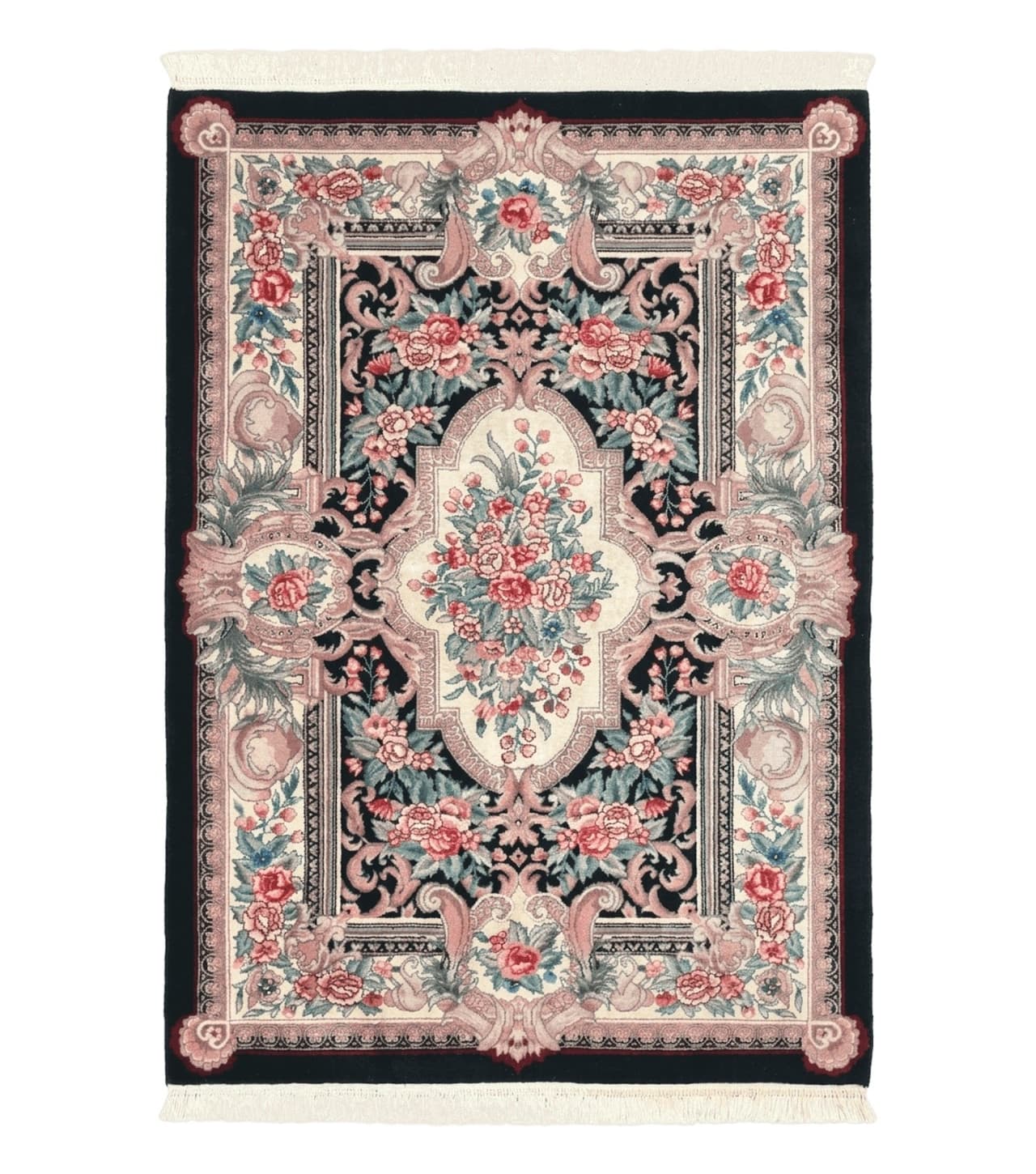 Aubusson Rug 4x6, Elegant European Floral Design, Black and Ivory, Fine 200 KPSI by Jewel Rugs