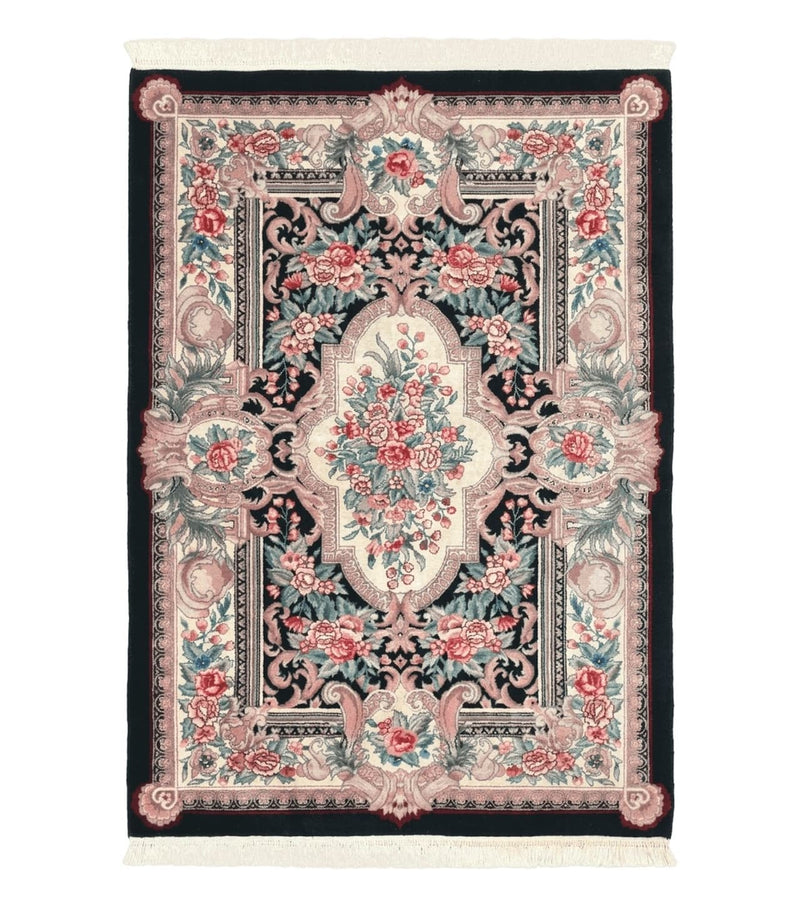 Aubusson Rug 4x6, Elegant European Floral Design, Black and Ivory, Fine 200 KPSI by Jewel Rugs