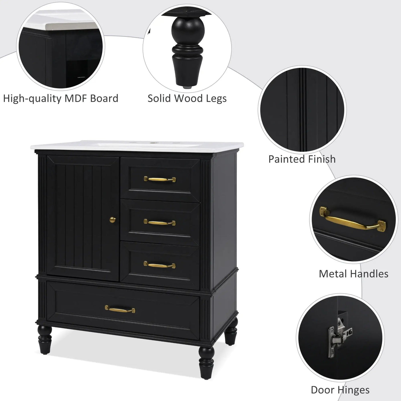 30" Bathroom Vanity With Sink, 3 Drawers, Adjustable Feet by HouseOfZazla