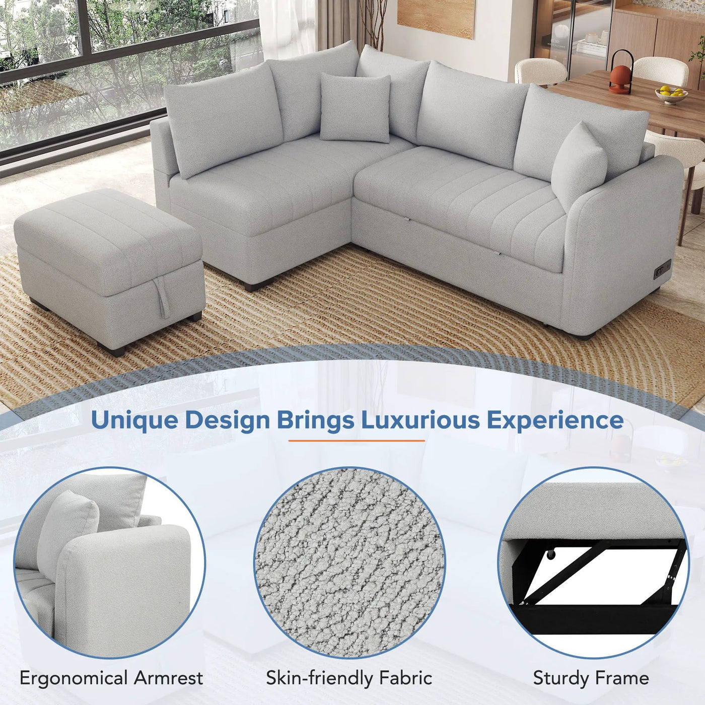 L-Shaped Sectional Pull Out Sofa Bed Sleeper Sofa With Two USB Ports, Two Power Sockets And A Movable Storage Ottoman by HouseOfZazla