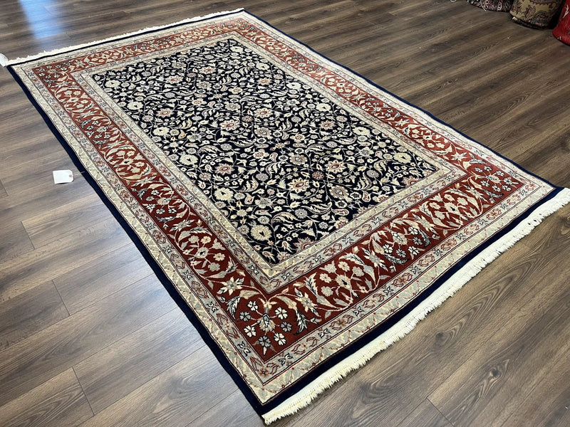 Indo Sarouk Rug 6x9, Vintage Indian Persian Rug, Wool Oriental Carpet, Navy Blue Red Allover Floral Rug, Traditional Very Fine Rug, Area Rug by Jewel Rugs