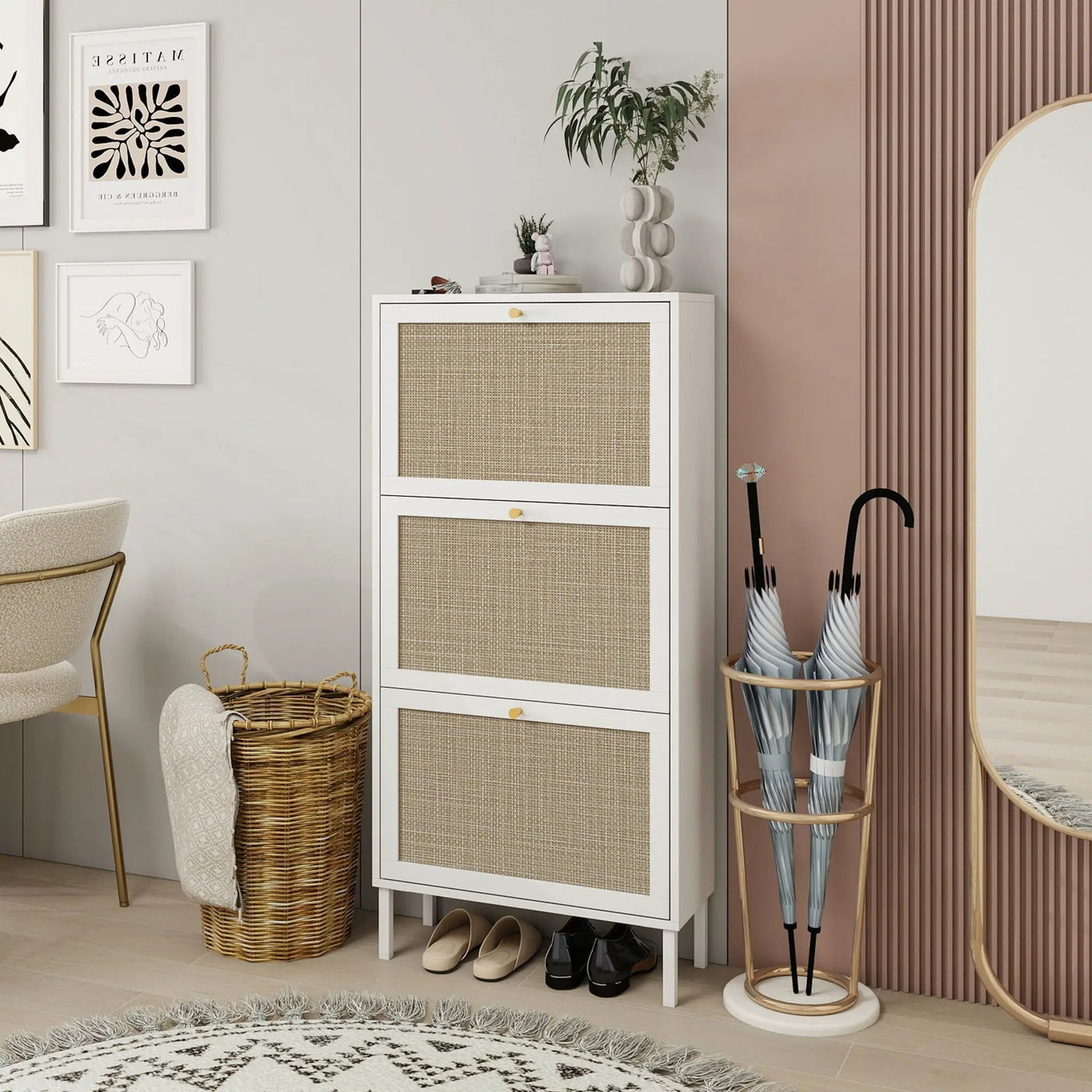 Modern Rattan 3 Door Shoe Rack Cabinet for Entryway by HouseOfZazla