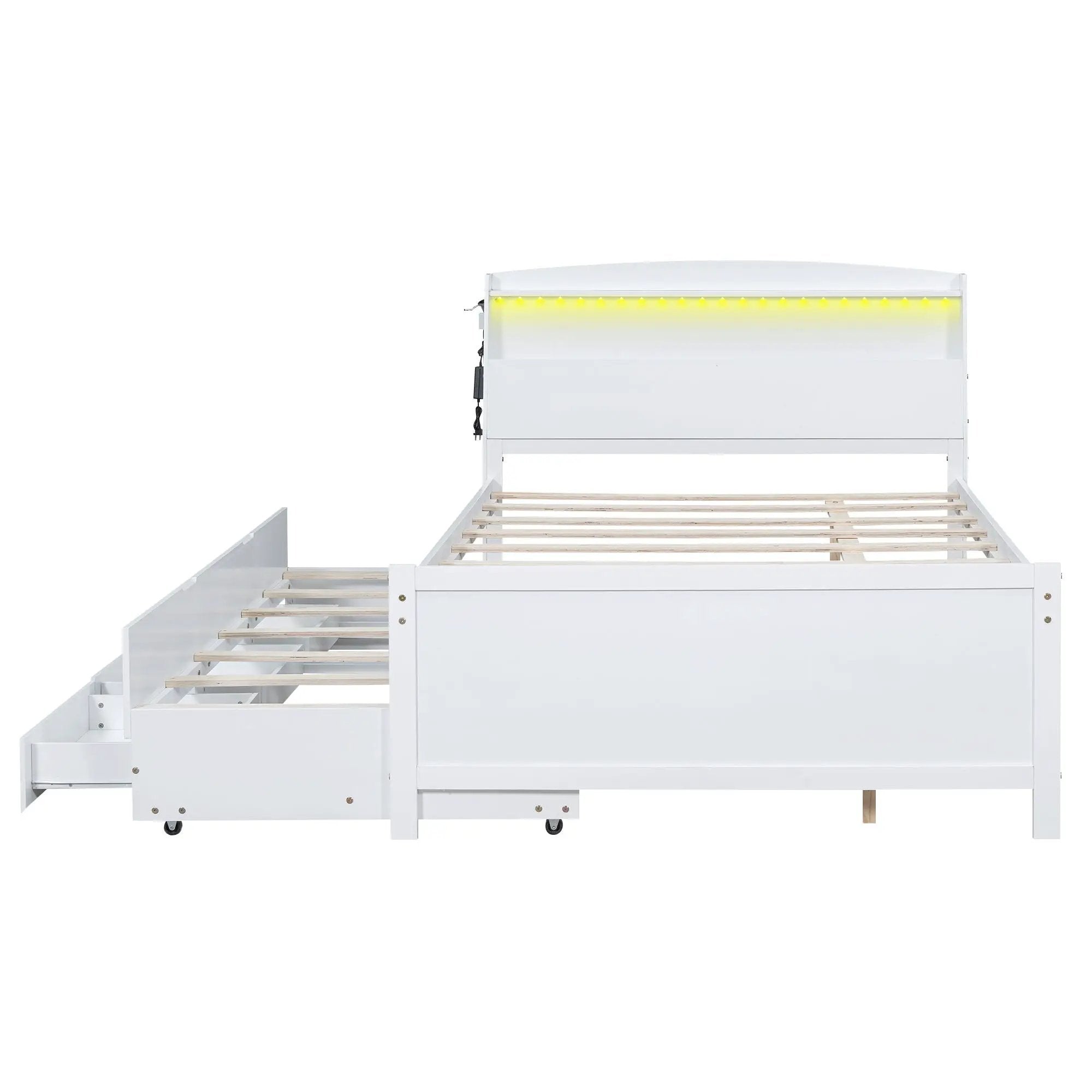 Full Size Platform Bed With Storage LED Headboard, Twin Trundle And 3 Drawers - White by HouseOfZazla