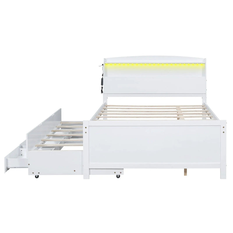 Full Size Platform Bed With Storage LED Headboard, Twin Trundle And 3 Drawers - White by HouseOfZazla