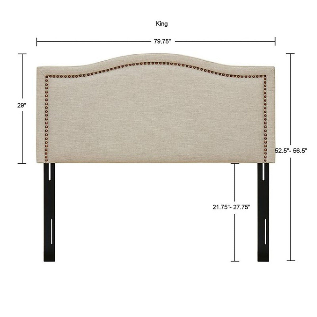 Light Brown Panel Upholstered Headboard with Copper Nailheads – Adjustable Metal Legs, photo 3 of 6