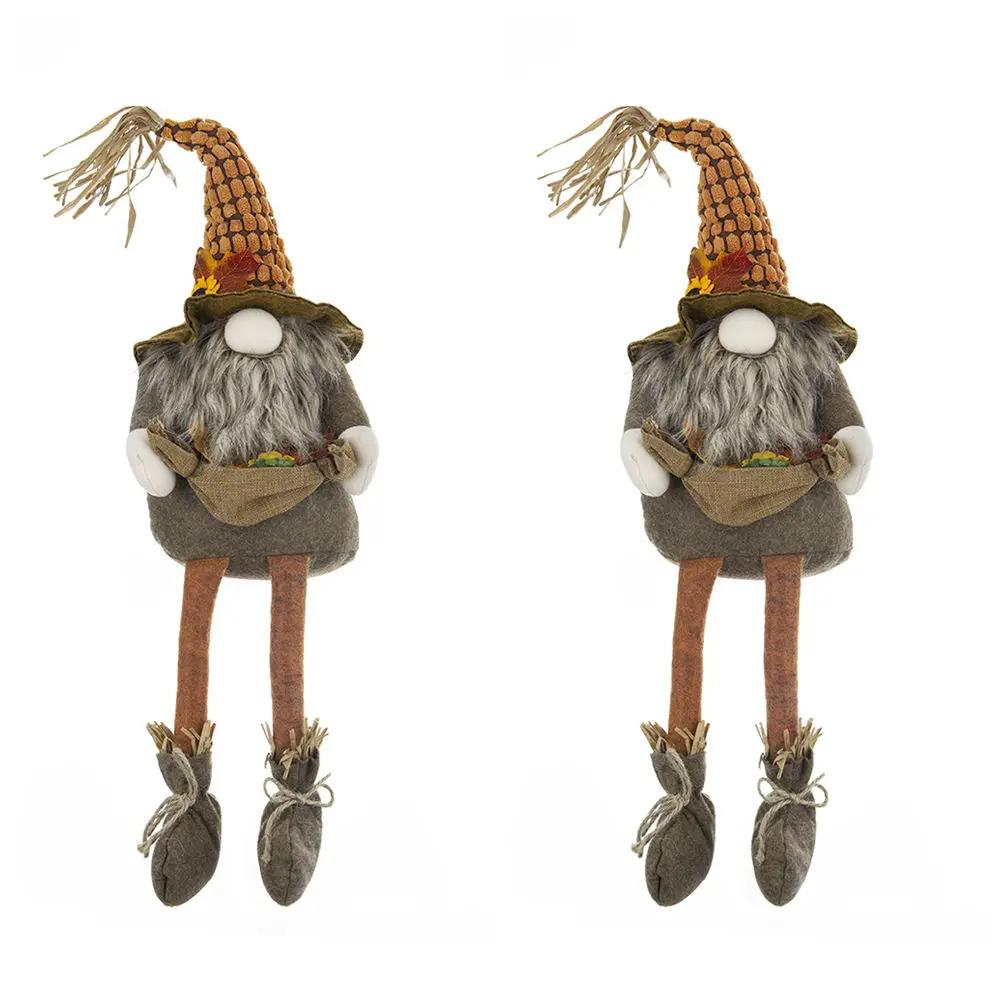 Sitting Gnome With Maple Leaf, For Holiday Harvest Festival Fall Festival & Thanksgiving Table Decorations (Set of 2) - Orange Multi by HouseOfZazla
